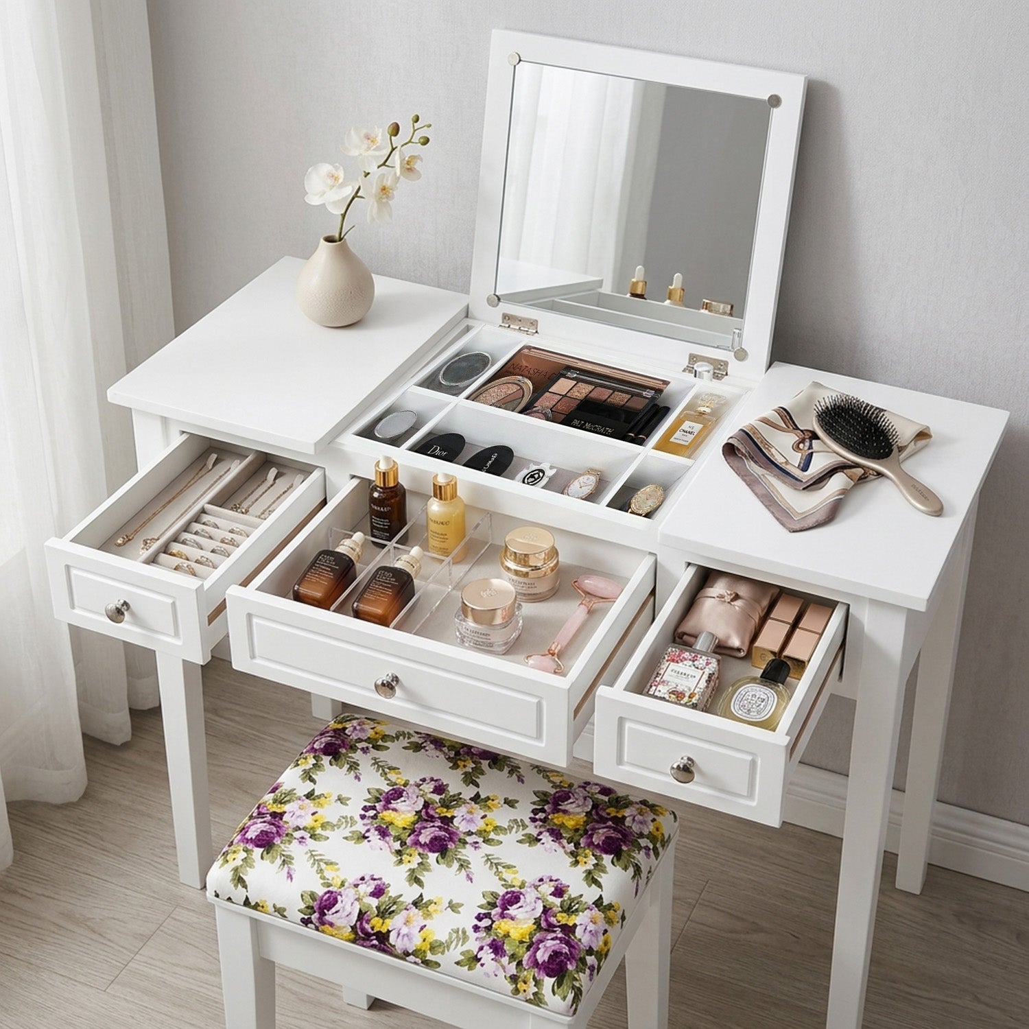 Dressing Table Stool Set Flip Top Mirror Storage Drawer Bedroom Vanity