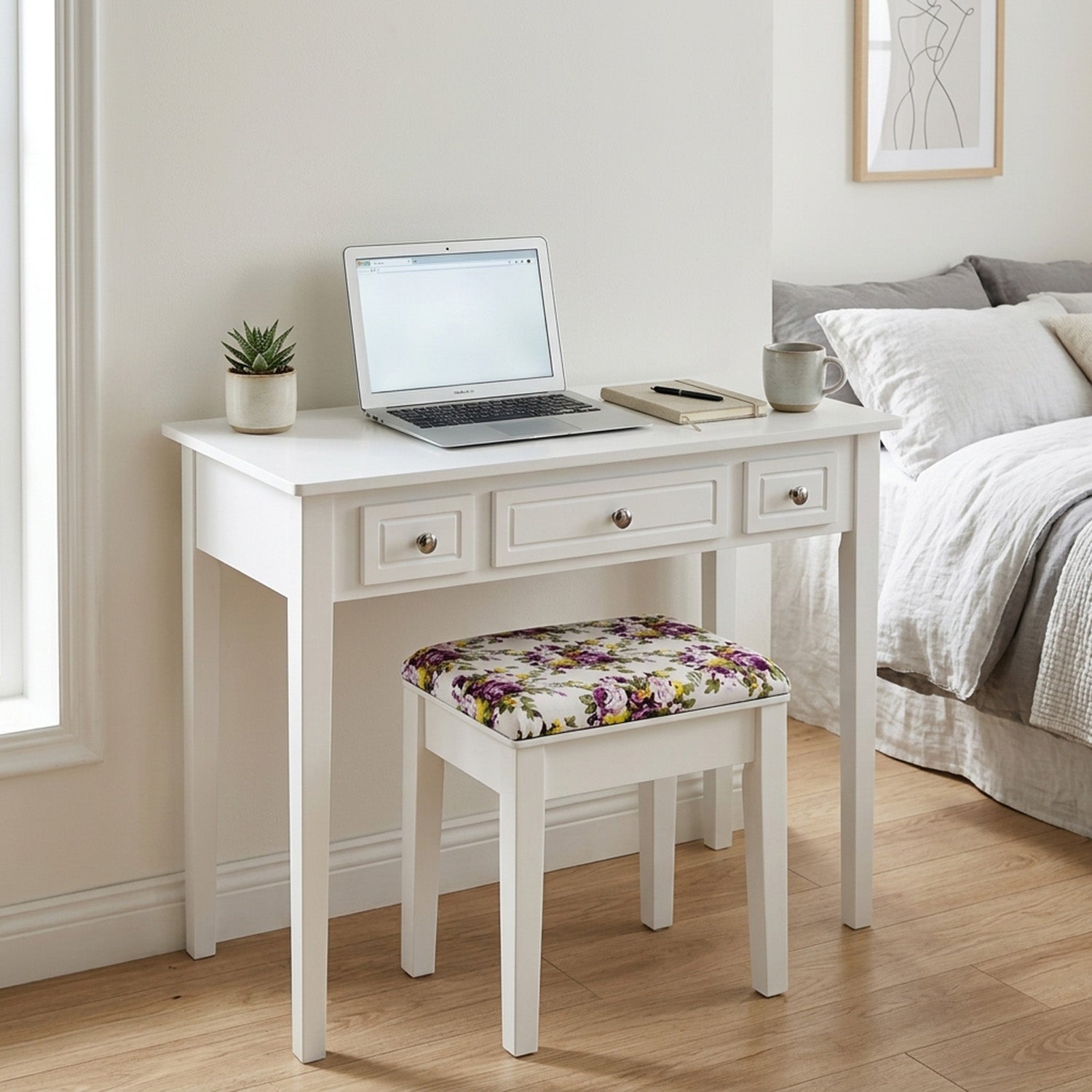 Dressing Table Stool Set Flip Top Mirror Storage Drawer Bedroom Vanity