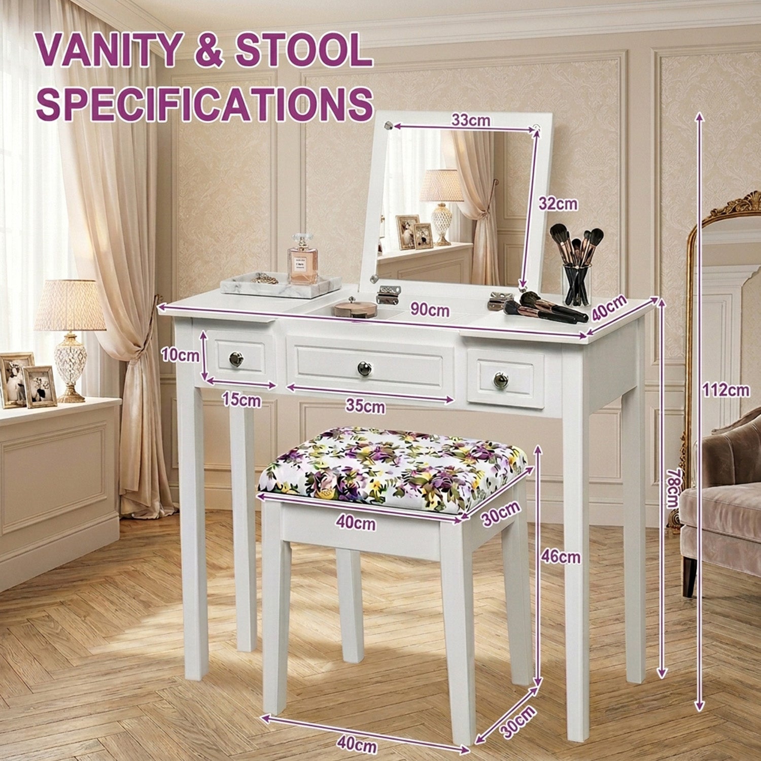 Dressing Table Stool Set Flip Top Mirror Storage Drawer Bedroom Vanity