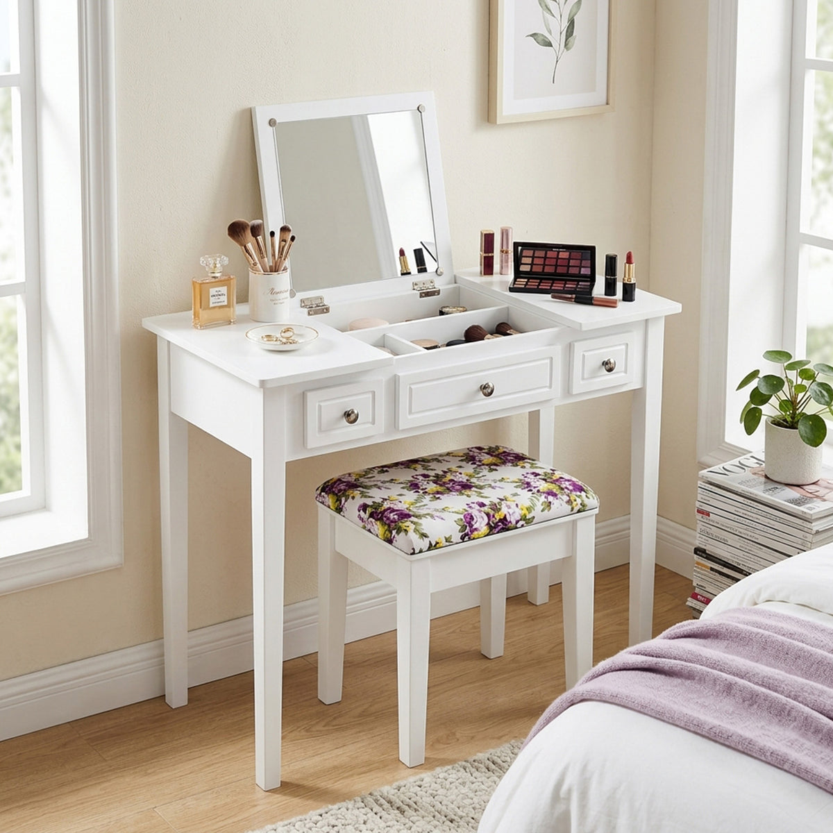 Dressing Table Stool Set Flip Top Mirror Storage Drawer Bedroom Vanity