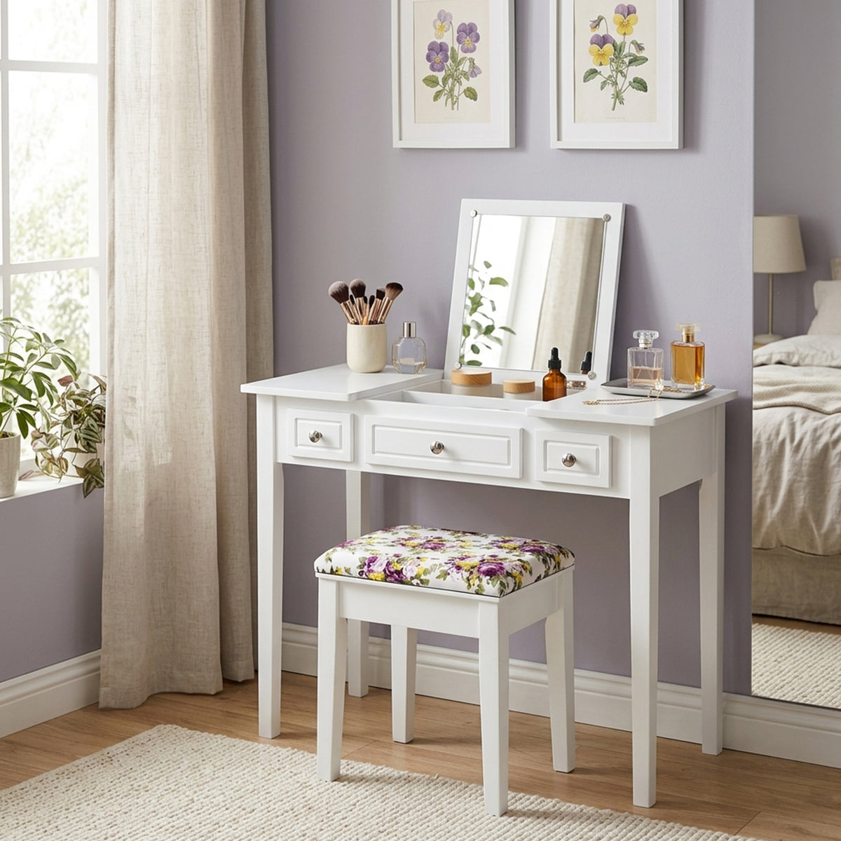 Dressing Table Stool Set Flip Top Mirror Storage Drawer Bedroom Vanity