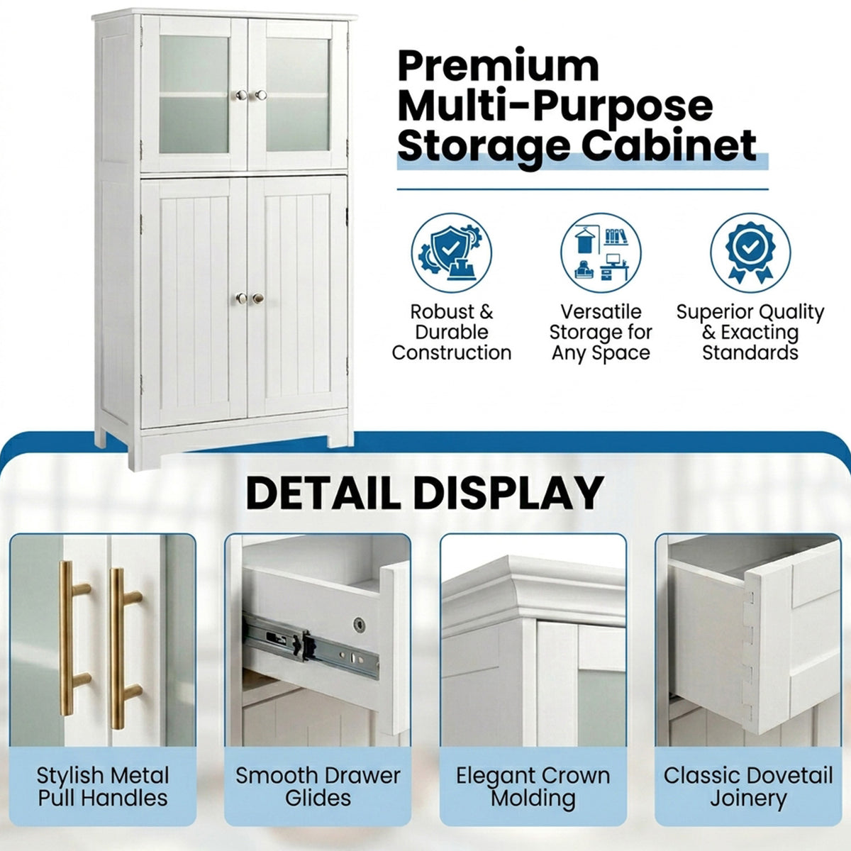 Bathroom Storage Cabinet Tempered Glass Doors Adjustable Shelf Furniture Home