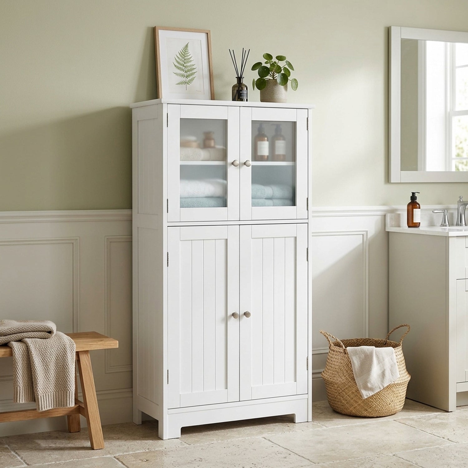 Bathroom Storage Cabinet Tempered Glass Doors Adjustable Shelf Furniture Home