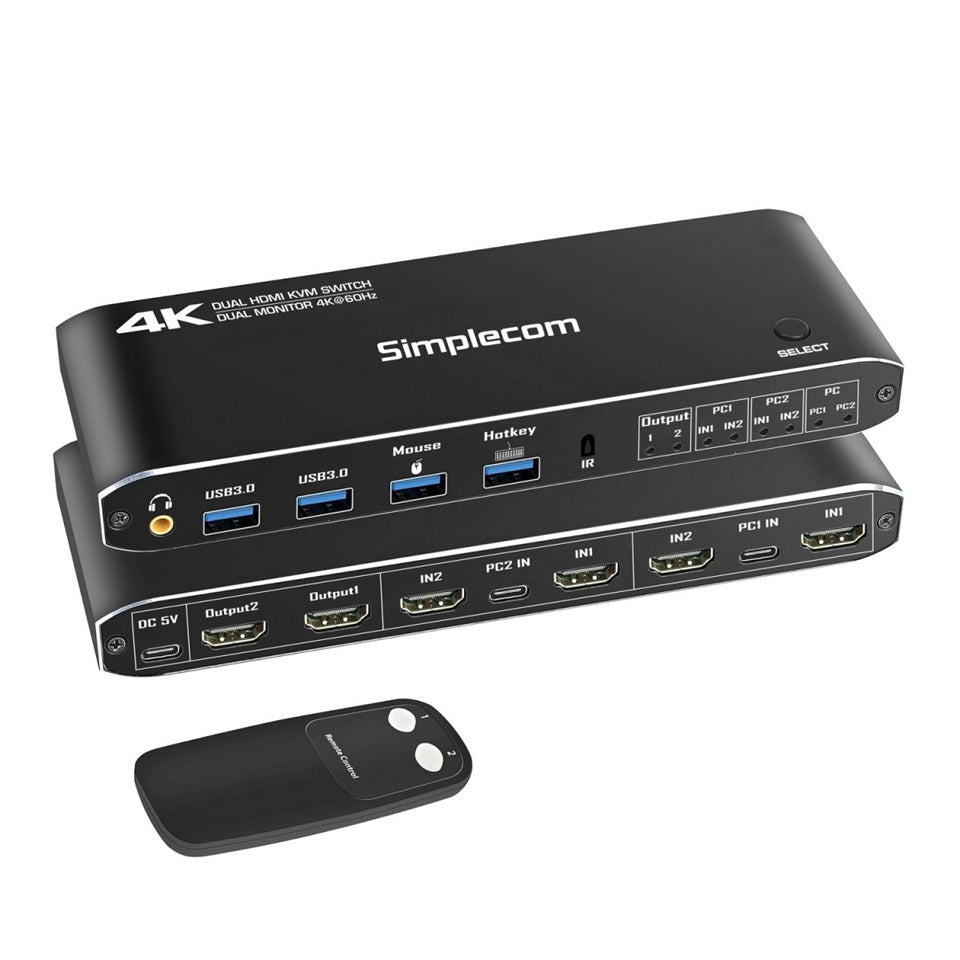 Simplecom KM430 Dual HDMI Monitor KVM Switch for 2 Computers with 4-Port USB Hub 4K@60Hz Keyboard Hotkey