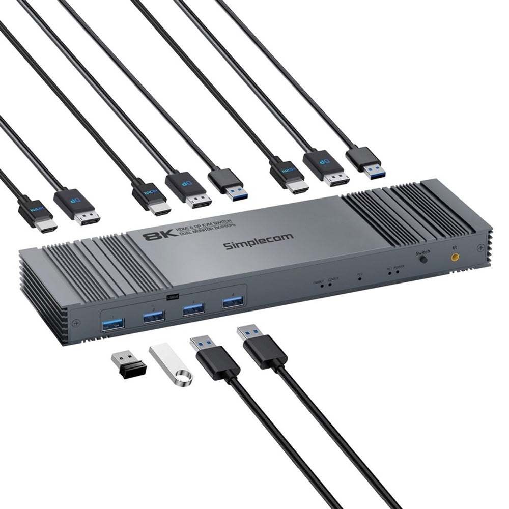 Simplecom KM490 Dual Monitor KVM Switch for 2 Computers HDMI 2.1 DP 1.4 8K 60Hz 4 Port USB 3.0 Hub