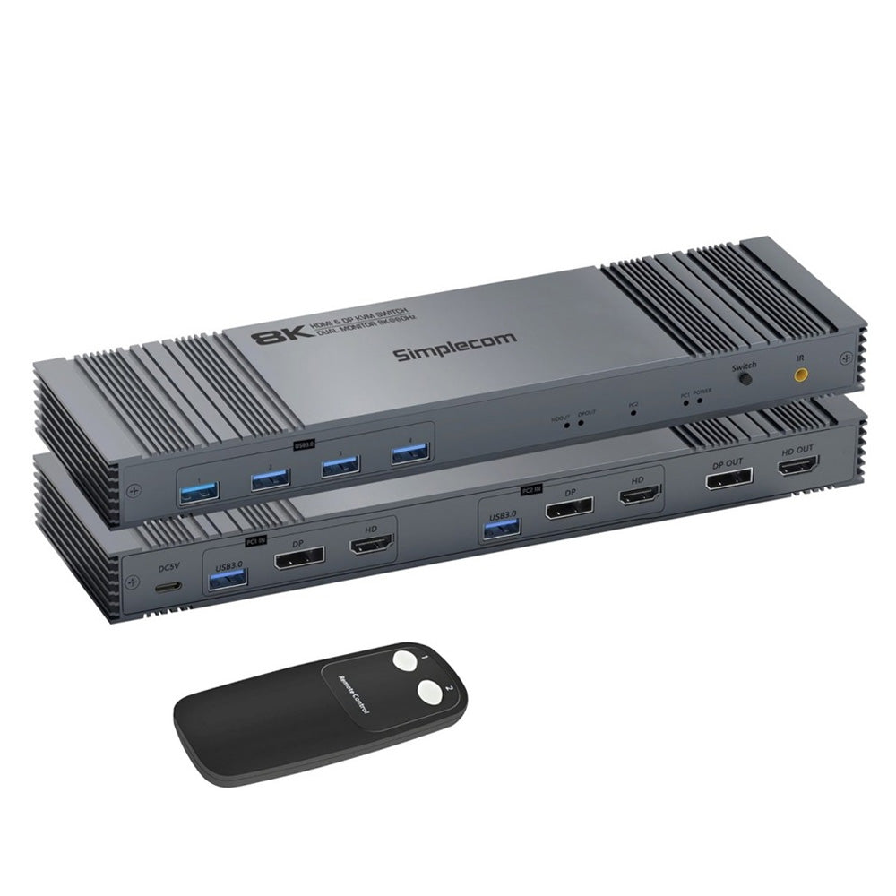 Simplecom KM490 Dual Monitor KVM Switch for 2 Computers HDMI 2.1 DP 1.4 8K 60Hz 4 Port USB 3.0 Hub