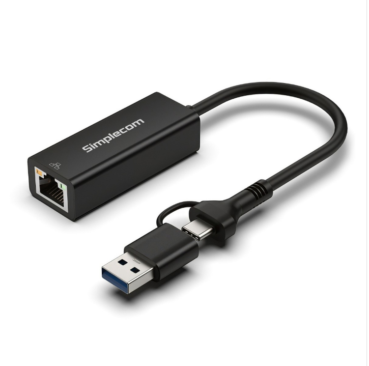 Simplecom SuperSpeed USB-C and USB-A to Gigabit Ethernet Adapter 1000Mbps 2-in-1 Hybrid Connector Aluminium Housing Driverless