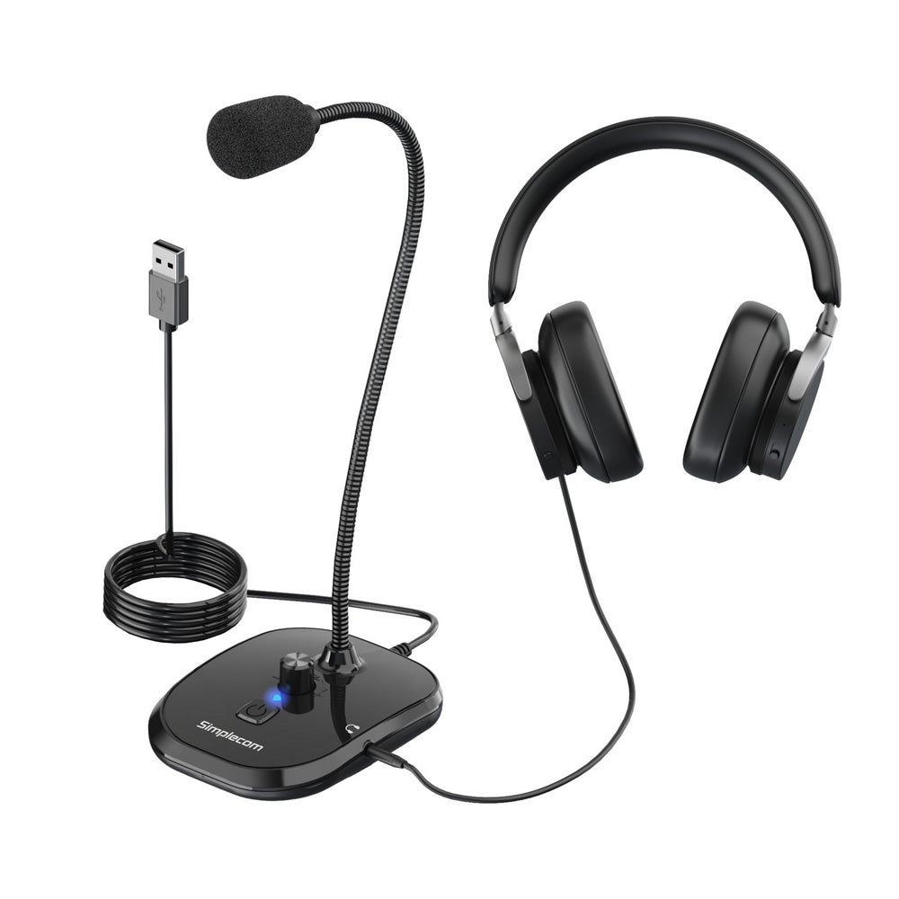 Simplecom UM360 Plug and Play USB Desktop Microphone with Headphone Jack Flexible Neck Volume Knob