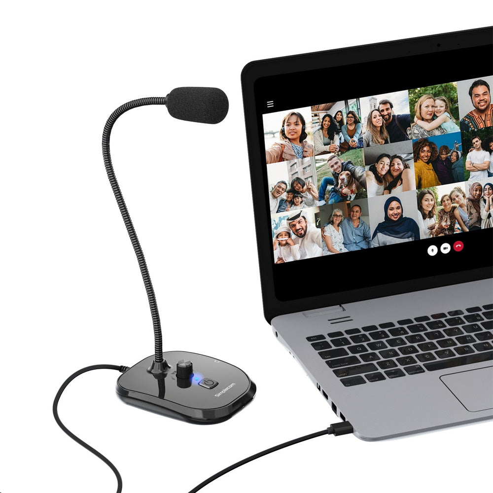 Simplecom UM360 Plug and Play USB Desktop Microphone with Headphone Jack Flexible Neck Volume Knob