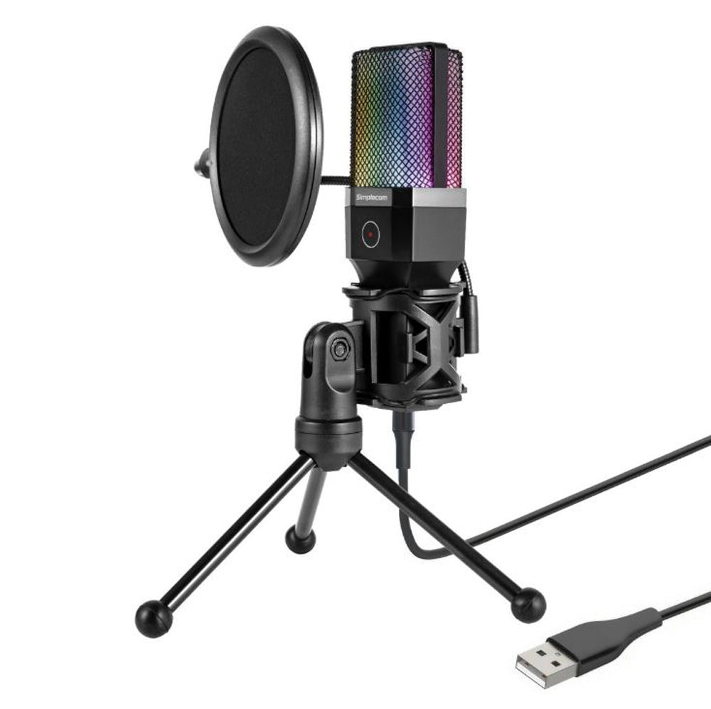 Simplecom UM650 USB Cardioid Condenser Microphone Gaming RGB Lights Tripod Pop Filter Mute Button Plug and Play