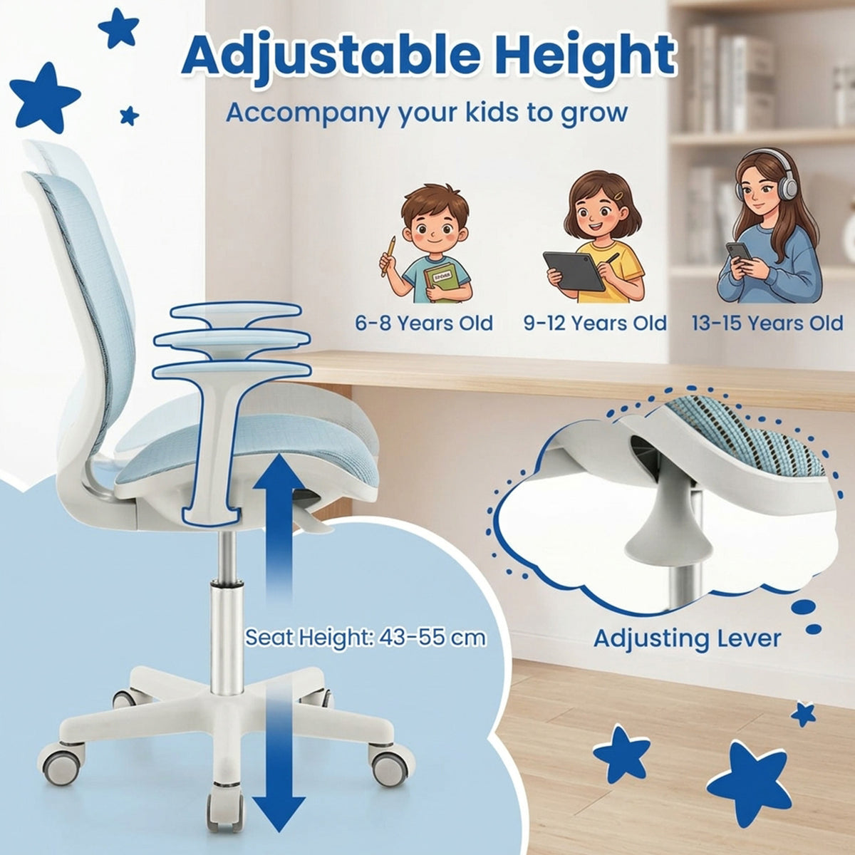 Kids Swivel Mesh Computer Chair with Adjustable Height Children Furniture