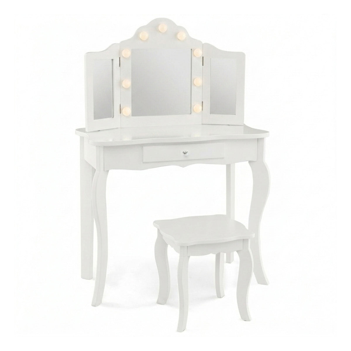 2 in 1 Kids Vanity Table Stool Set Tri Folding Mirror Furniture White