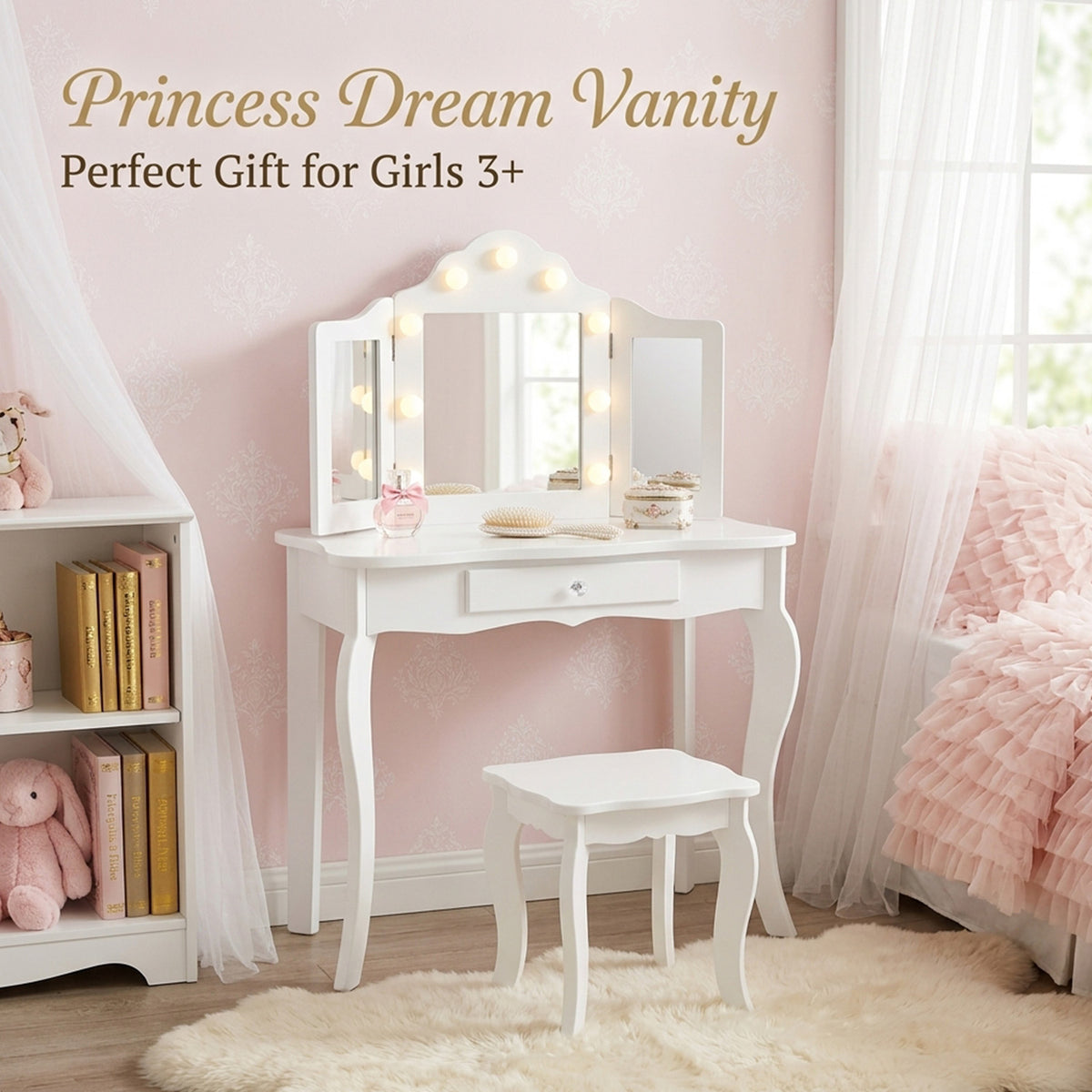 2 in 1 Kids Vanity Table Stool Set Tri Folding Mirror Furniture White