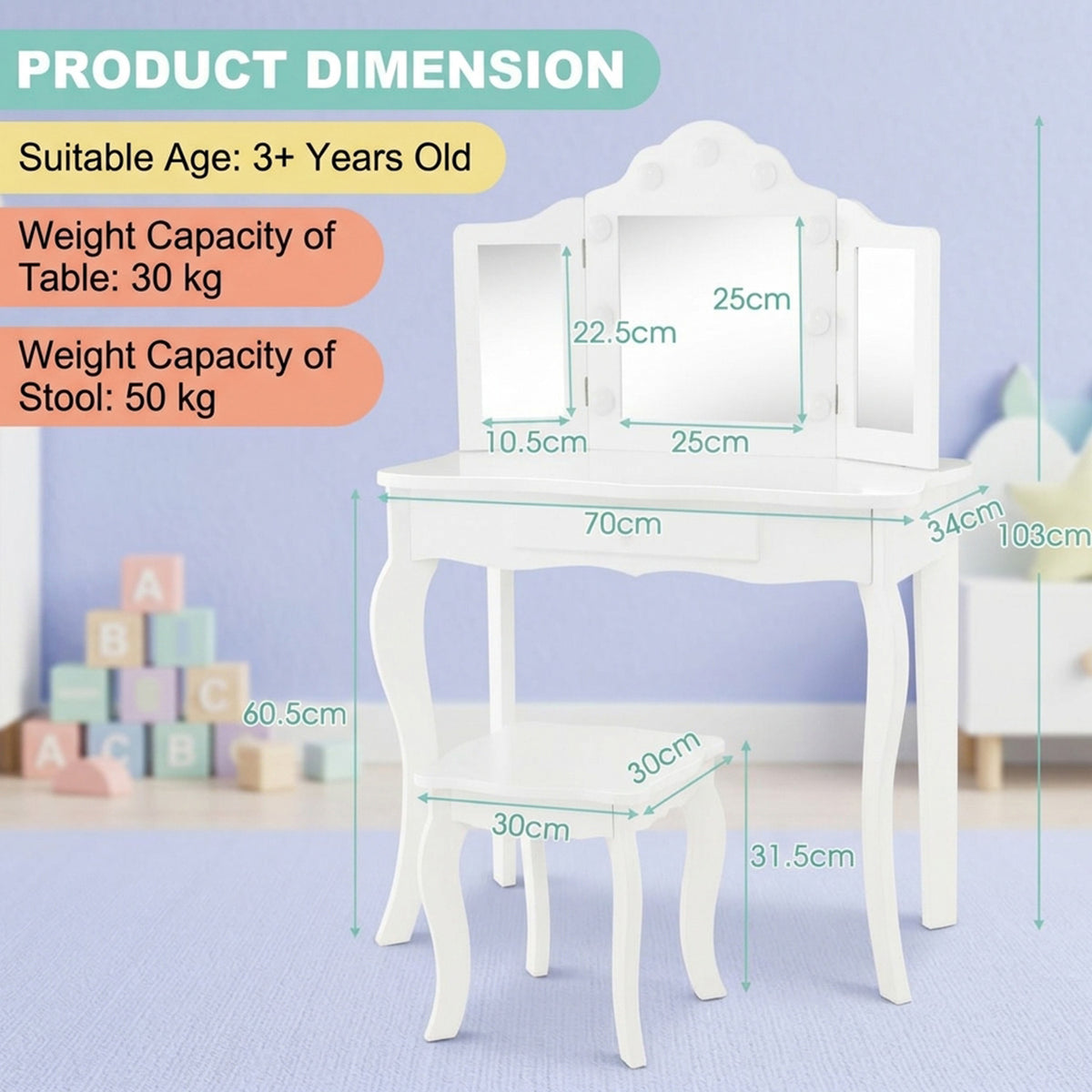 2 in 1 Kids Vanity Table Stool Set Tri Folding Mirror Furniture White