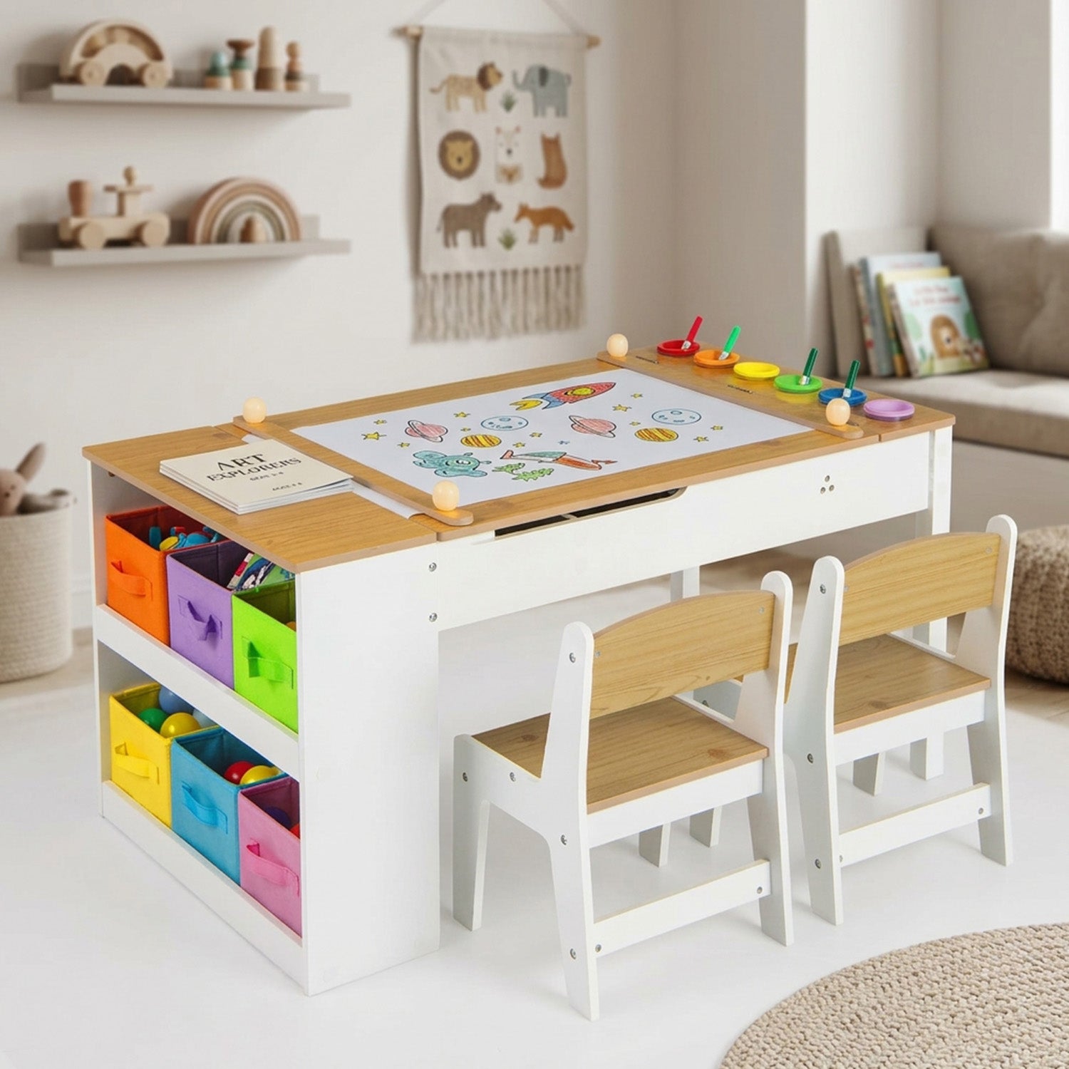 Children Art Activity Table Chair Set 6 Canvas Storage Furniture Kids
