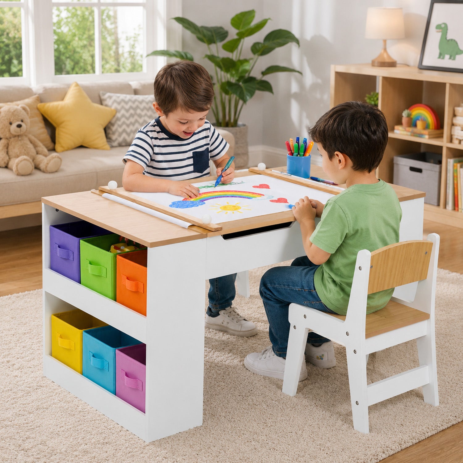 Children Art Activity Table Chair Set 6 Canvas Storage Furniture Kids