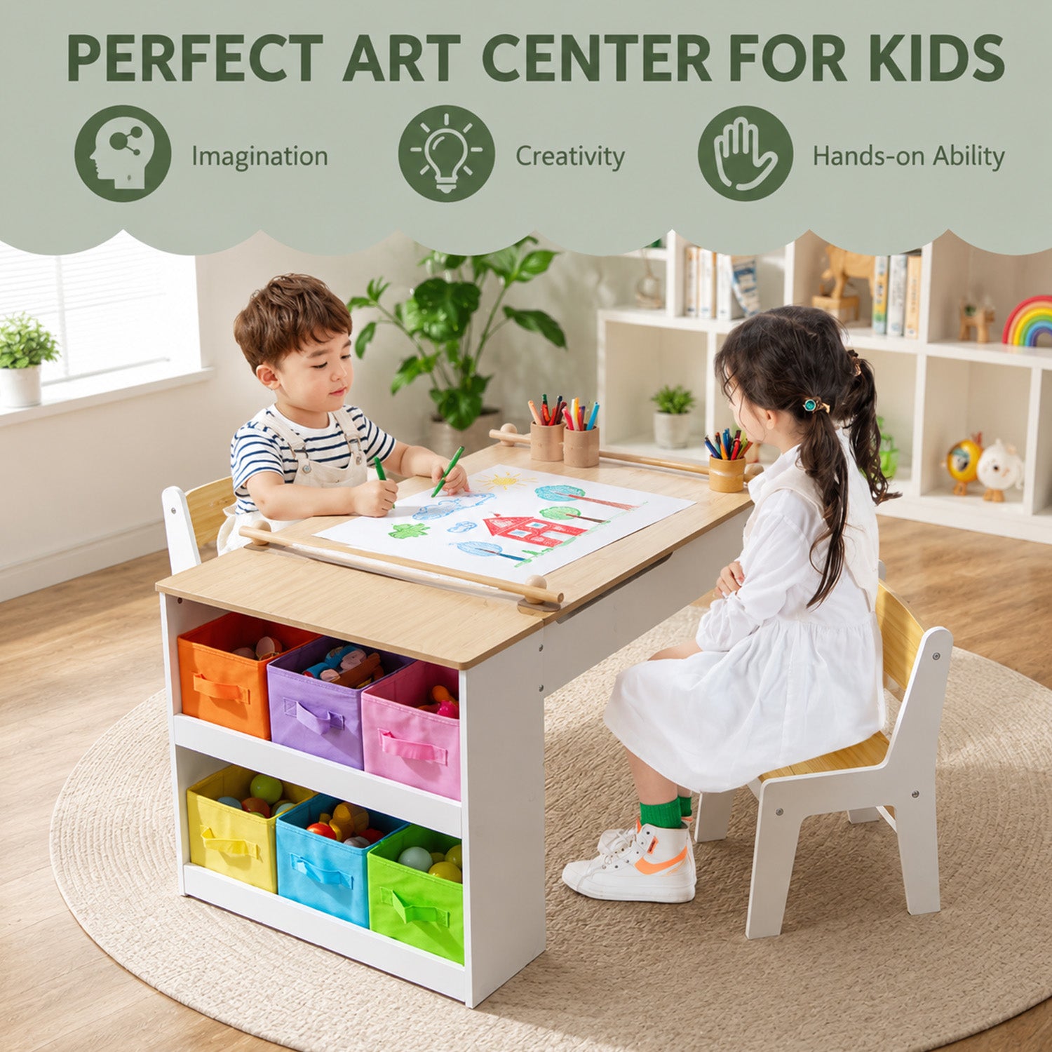 Children Art Activity Table Chair Set 6 Canvas Storage Furniture Kids
