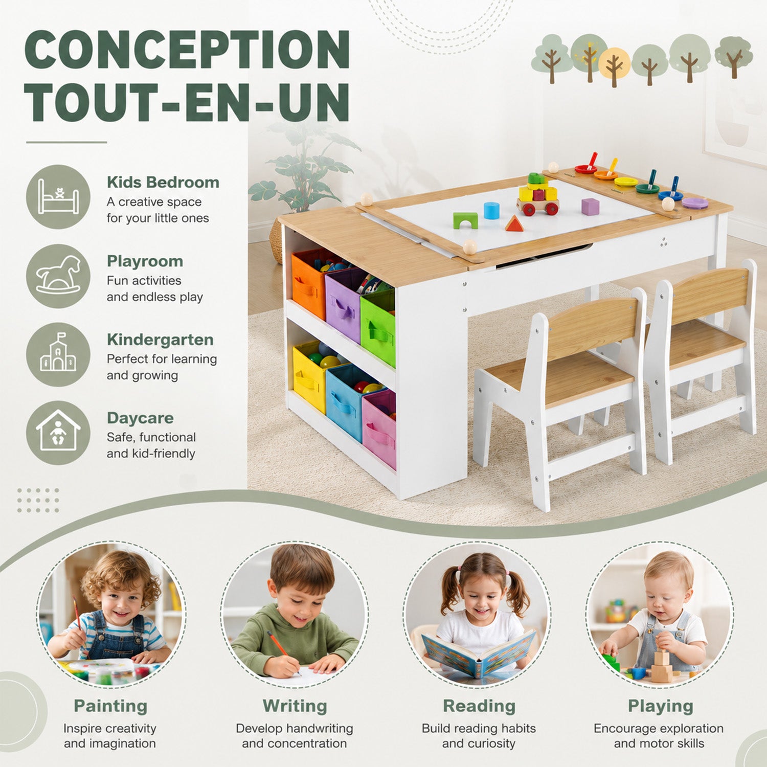 Children Art Activity Table Chair Set 6 Canvas Storage Furniture Kids