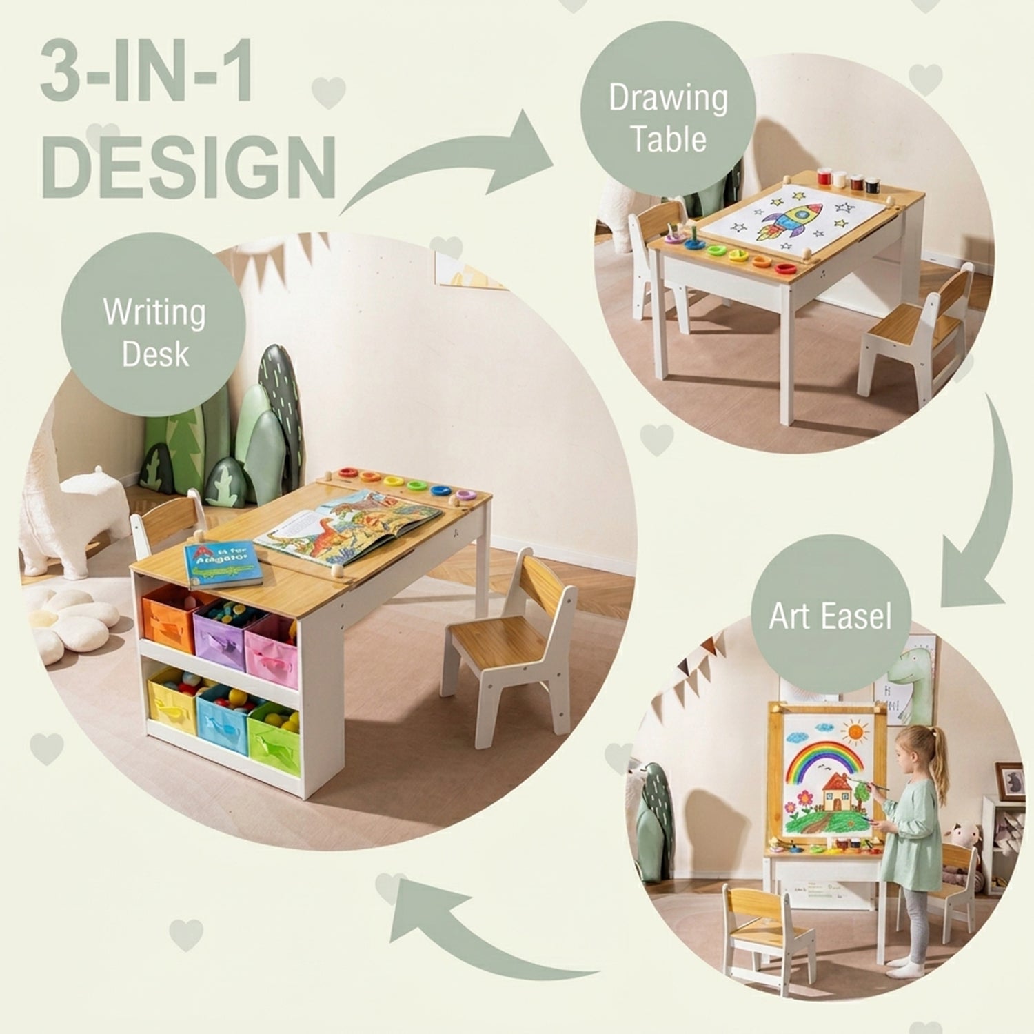 Children Art Activity Table Chair Set 6 Canvas Storage Furniture Kids