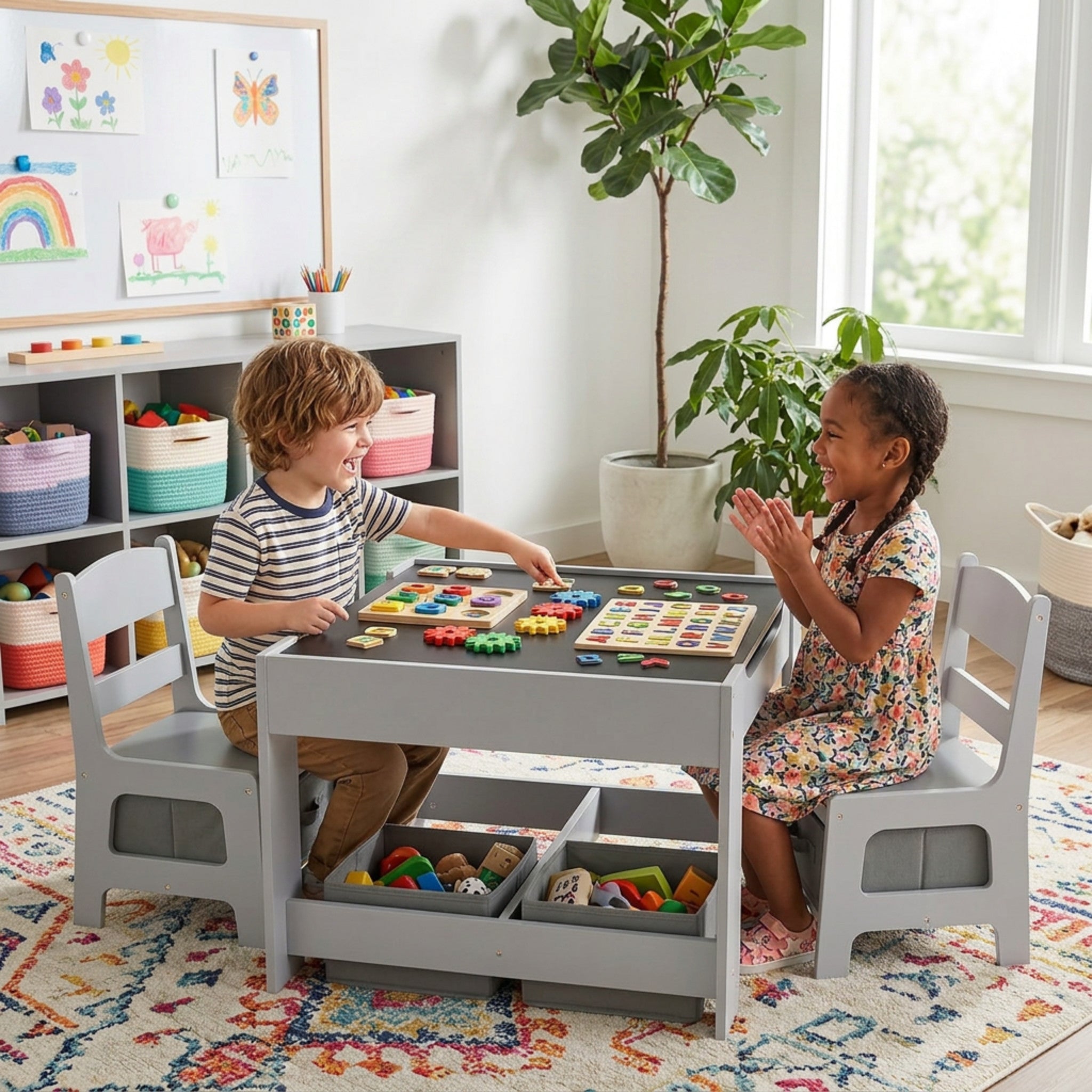 3 in 1 Kids Multi Activity Table 2 Chairs Set Toddlers Furniture Play
