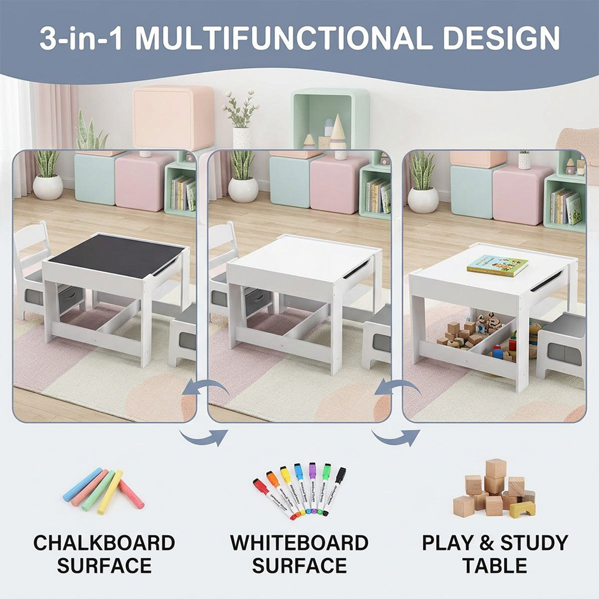 3 in 1 Kids Multi Activity Table 2 Chairs Set Toddlers Furniture Play