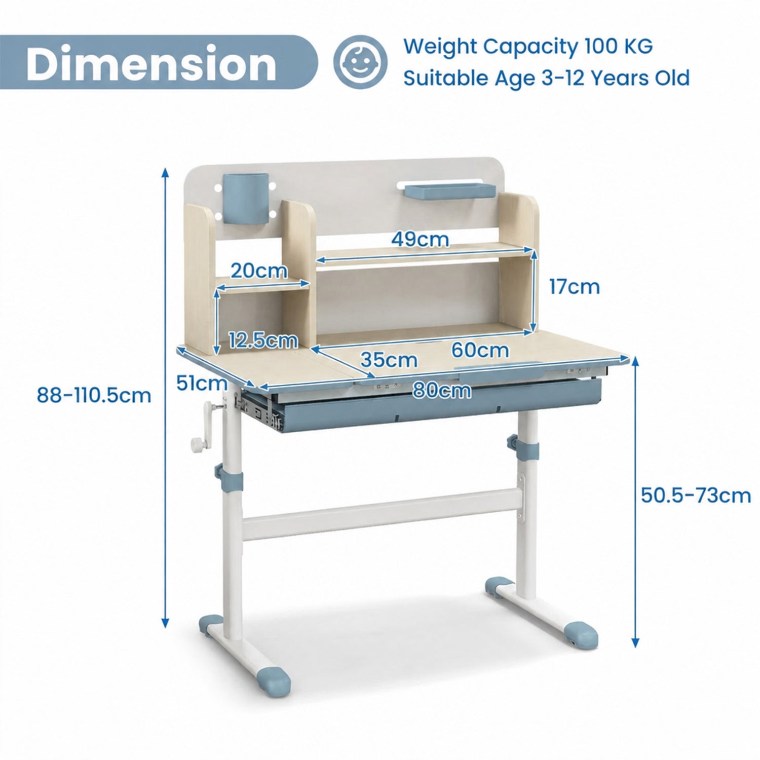 Height Adjustable Kids Study Desk Tilt Desktop Drawer Hutch 3-12 Years