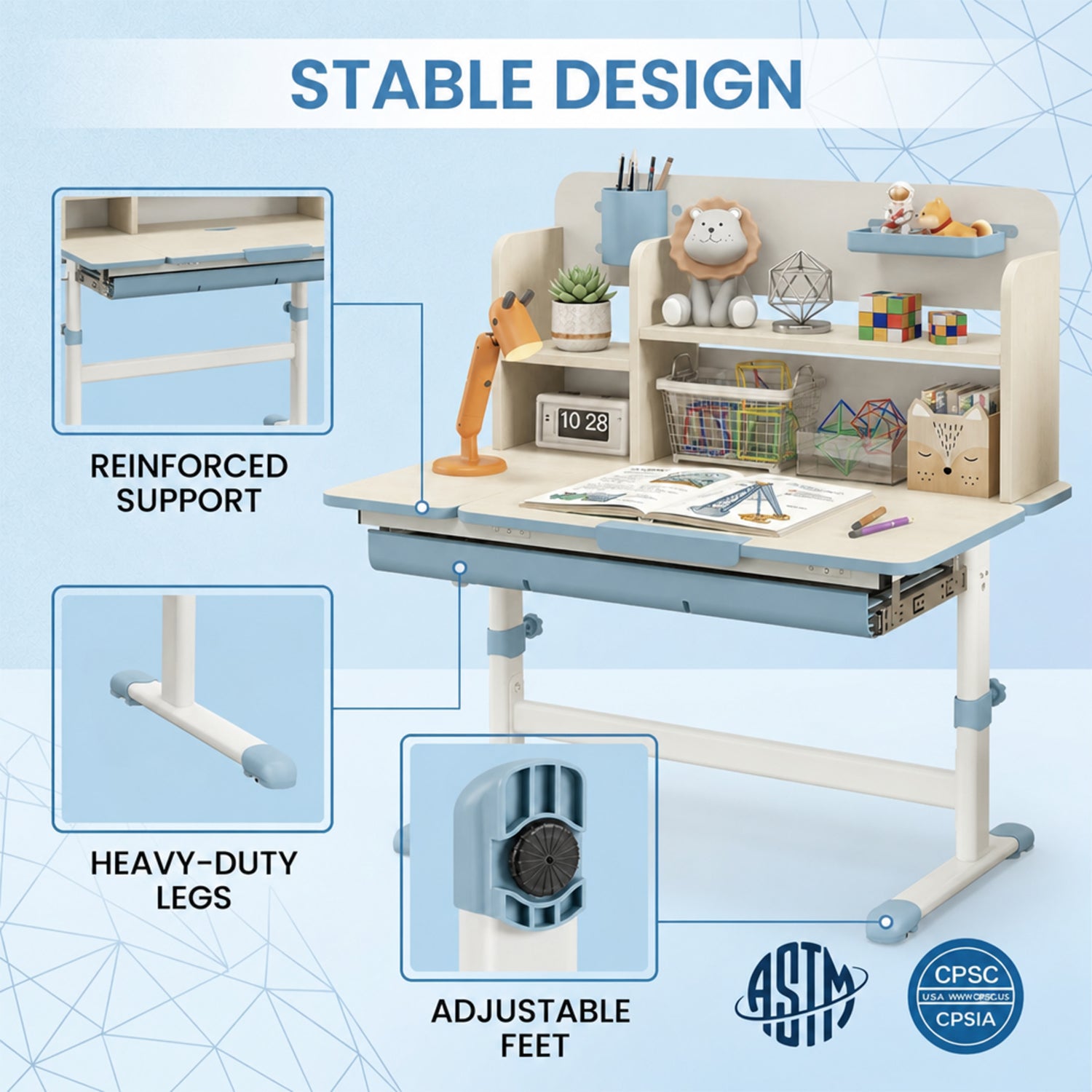 Height Adjustable Kids Study Desk Tilt Desktop Drawer Hutch 3-12 Years