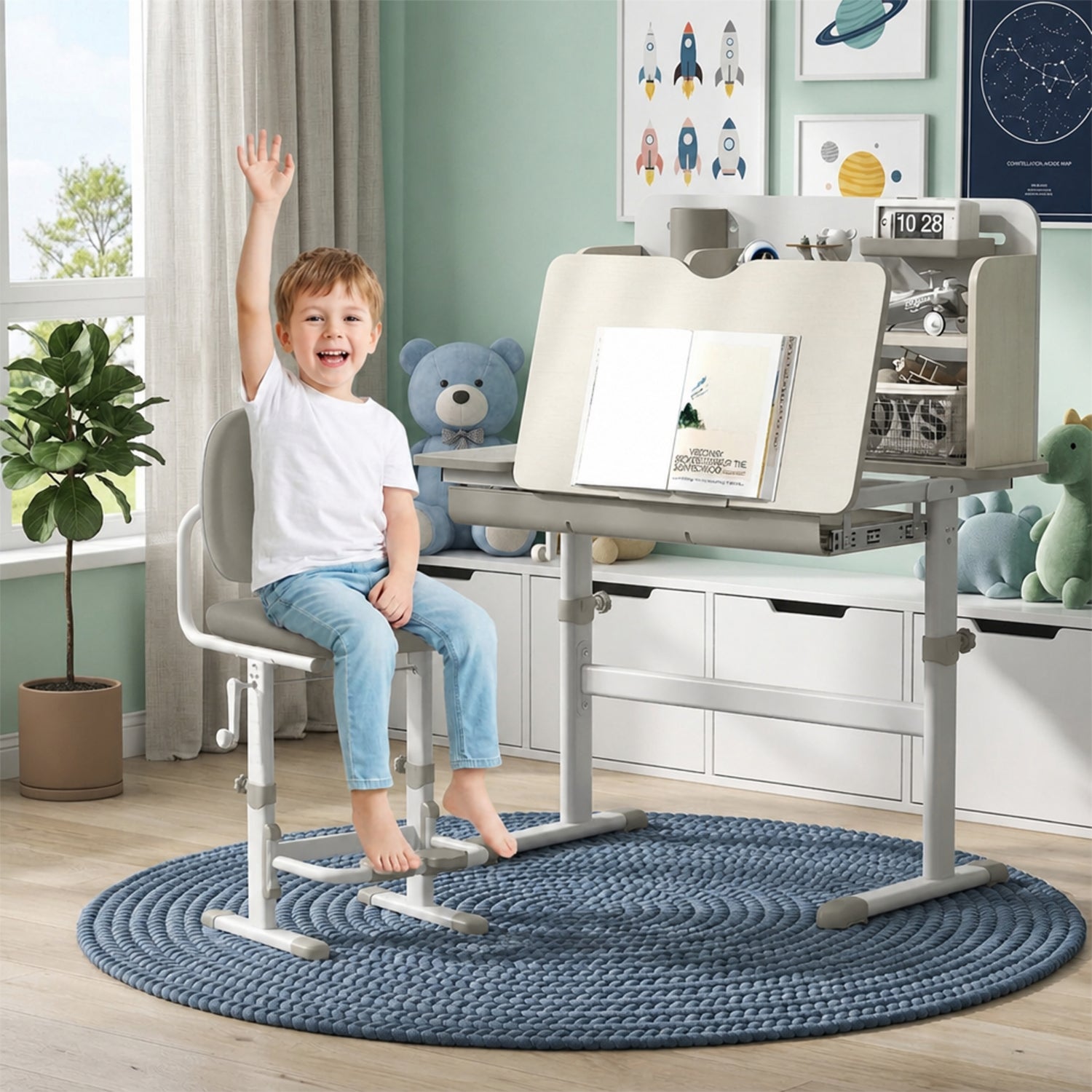 Height Adjustable Kids Study Desk Tilt Desktop Drawer Hutch 3-12 Years