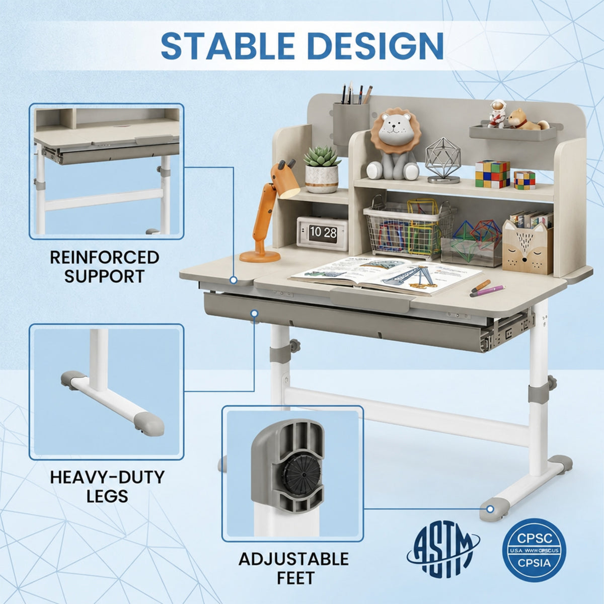 Height Adjustable Kids Study Desk Tilt Desktop Drawer Hutch 3-12 Years