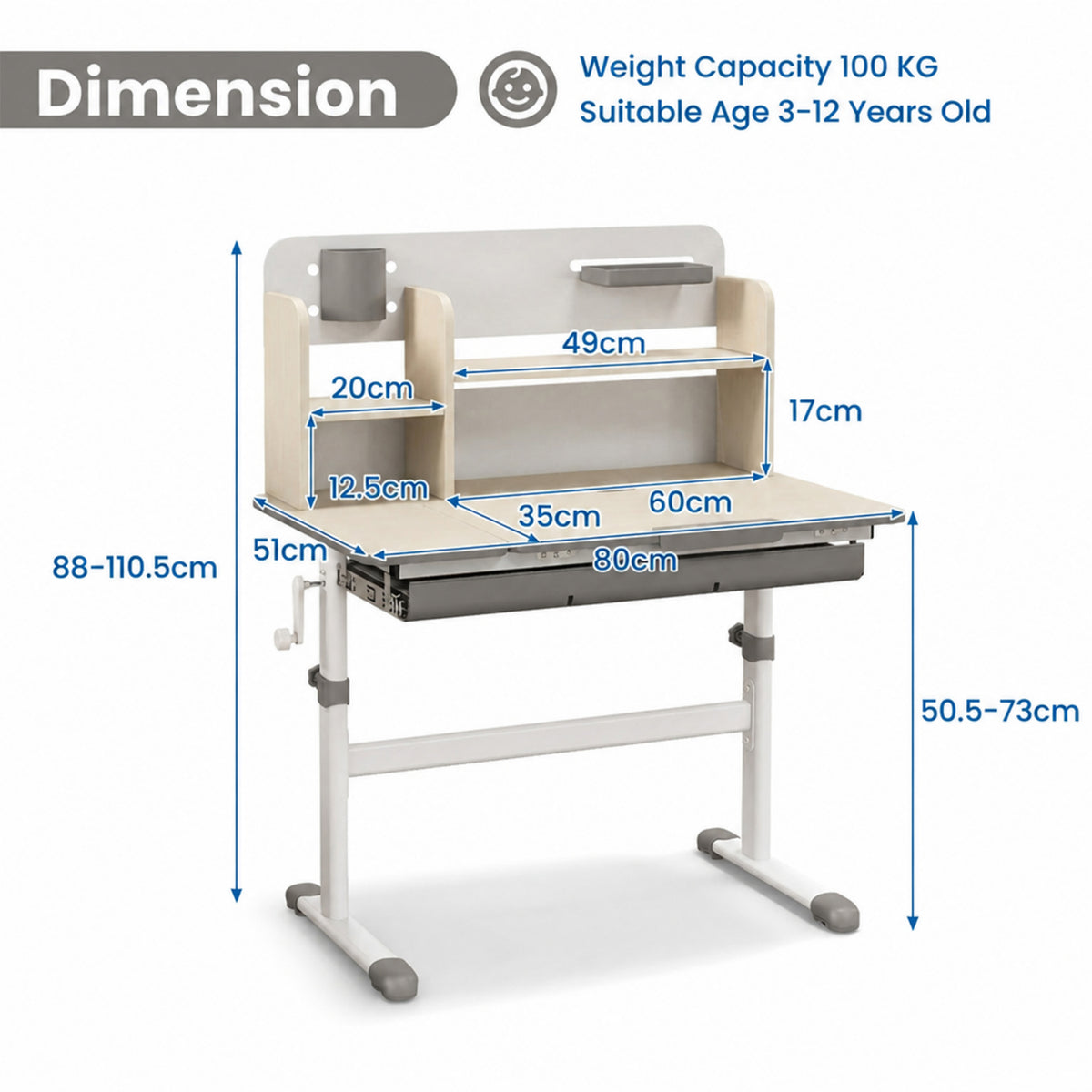 Height Adjustable Kids Study Desk Tilt Desktop Drawer Hutch 3-12 Years