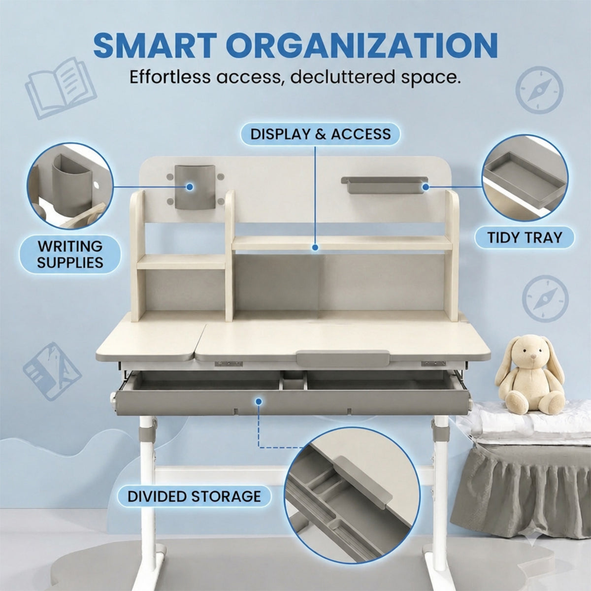 Height Adjustable Kids Study Desk Tilt Desktop Drawer Hutch 3-12 Years