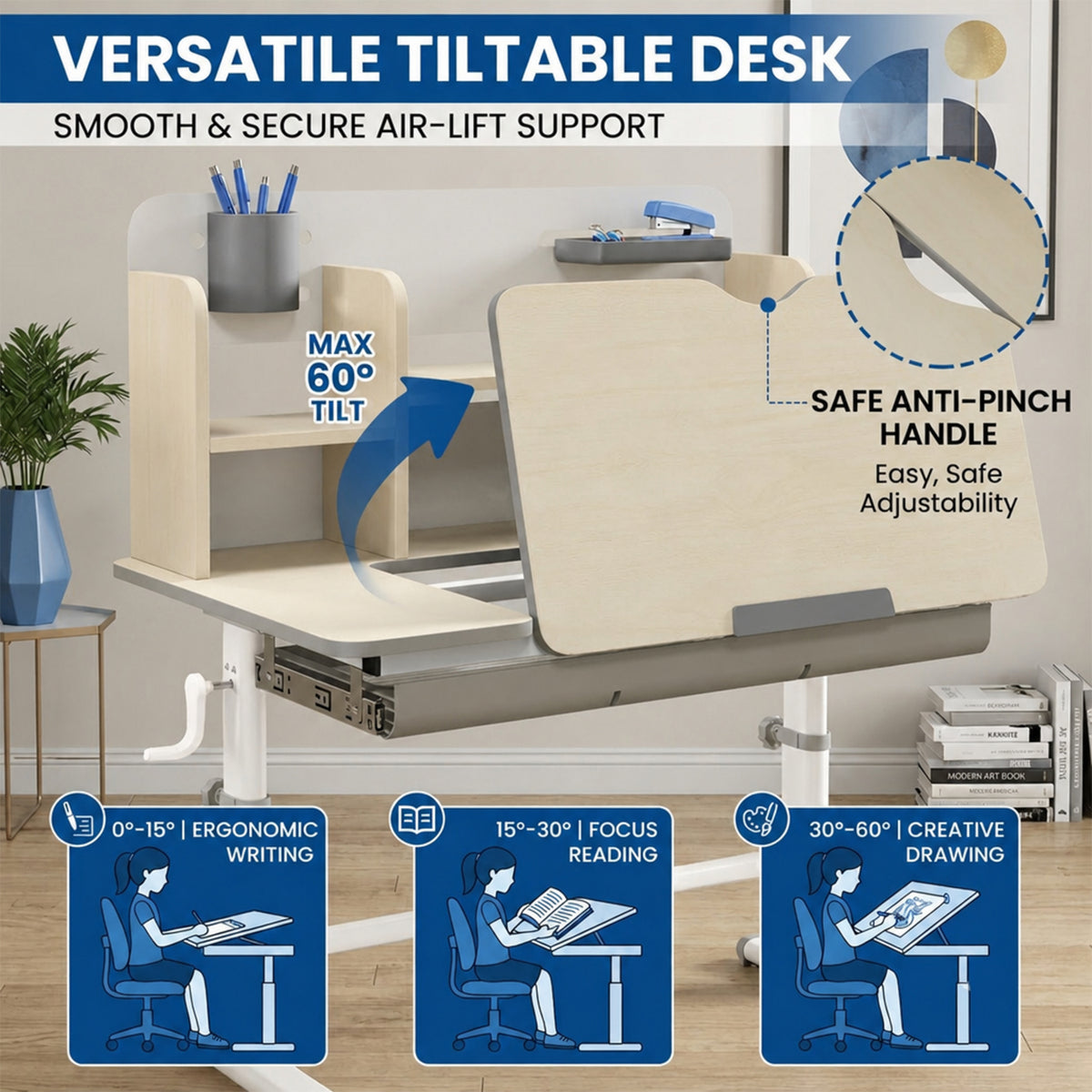 Height Adjustable Kids Study Desk Tilt Desktop Drawer Hutch 3-12 Years