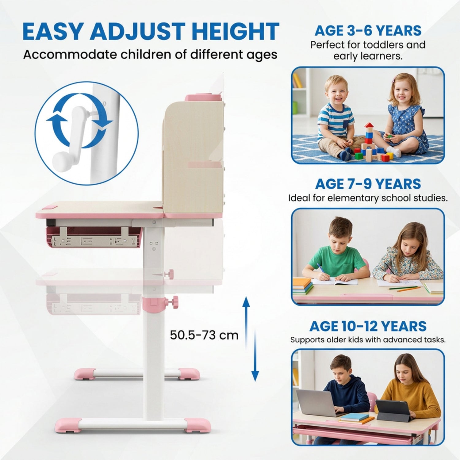 Height Adjustable Kids Study Desk Tilt Desktop Drawer Hutch 3-12 Years