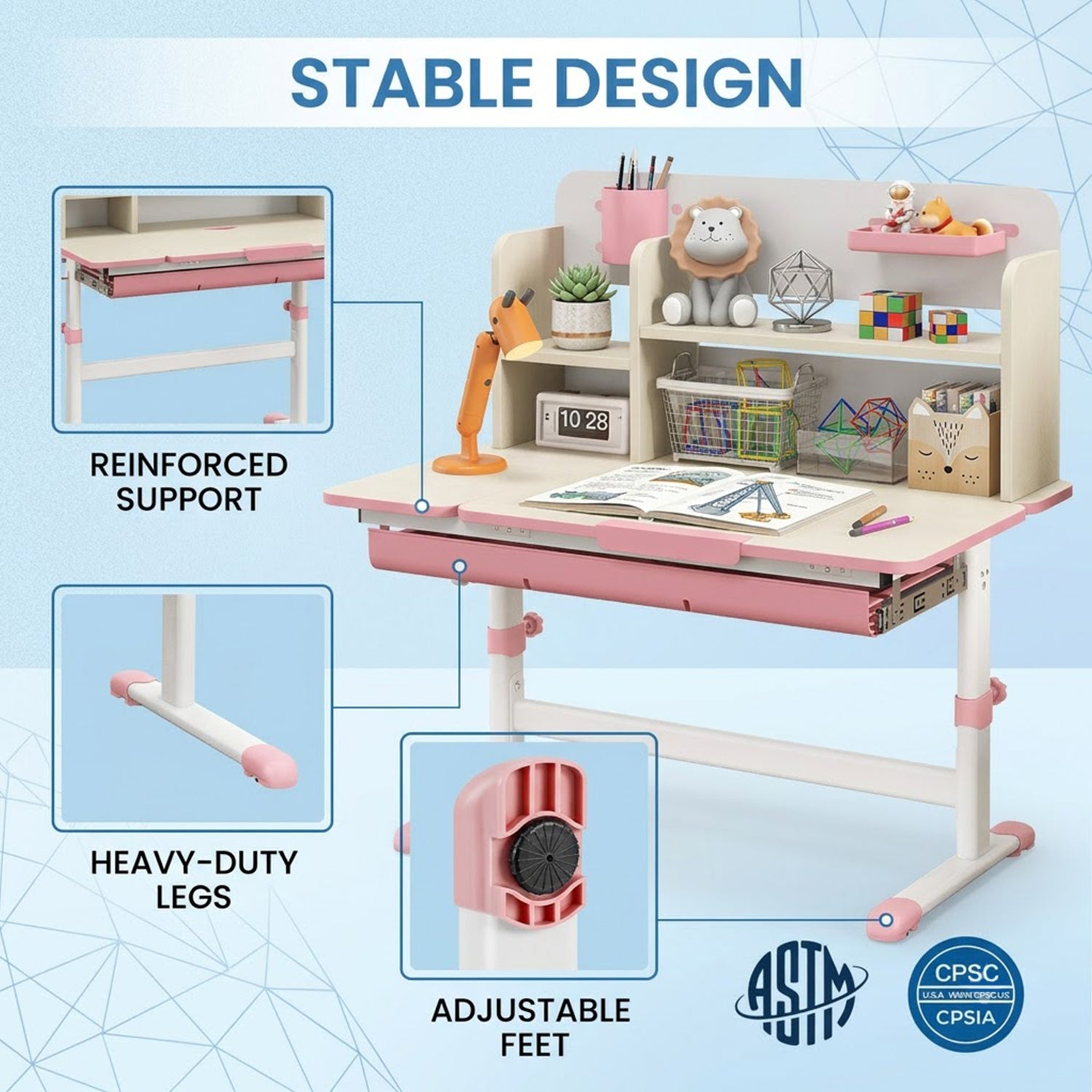 Height Adjustable Kids Study Desk Tilt Desktop Drawer Hutch 3-12 Years