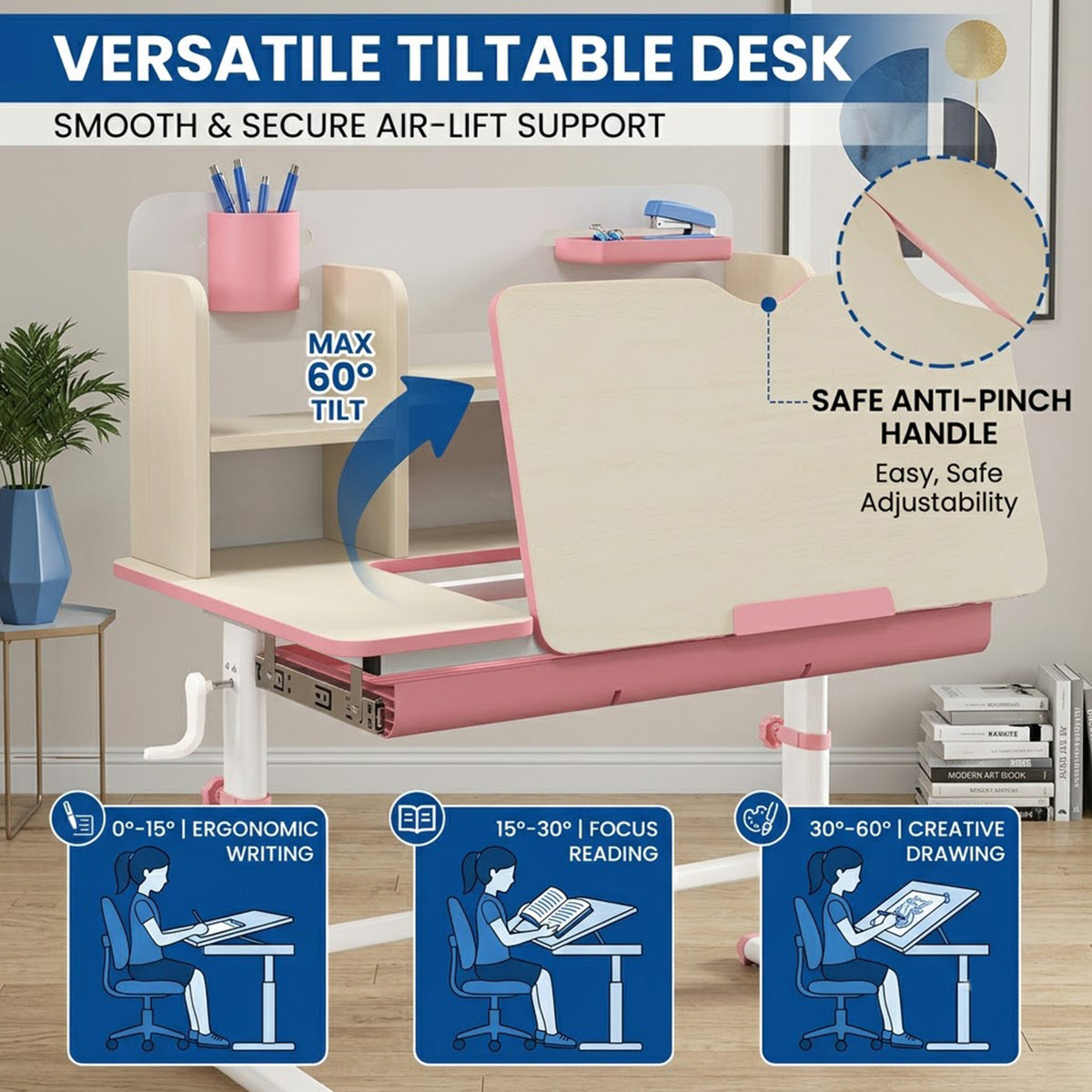 Height Adjustable Kids Study Desk Tilt Desktop Drawer Hutch 3-12 Years