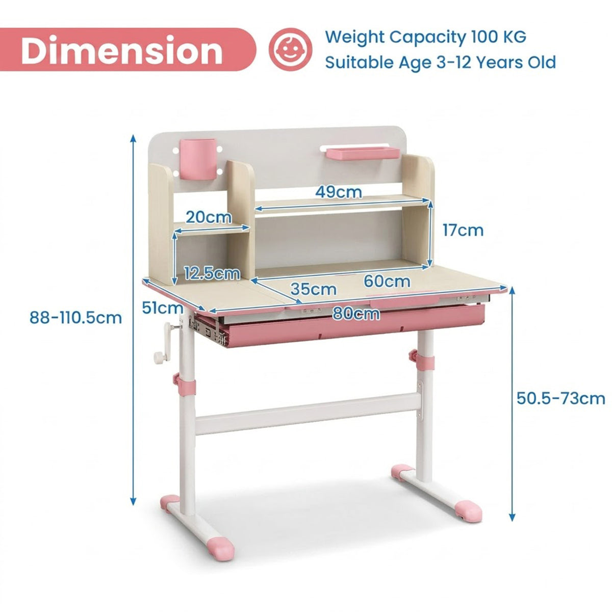 Height Adjustable Kids Study Desk Tilt Desktop Drawer Hutch 3-12 Years