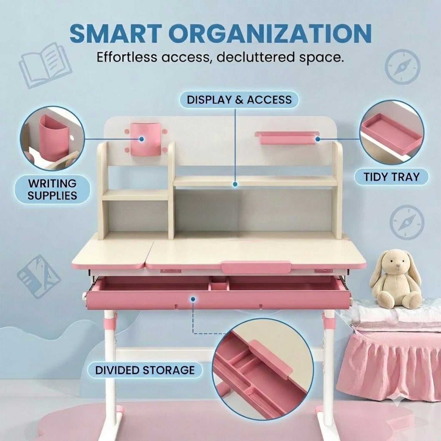 Height Adjustable Kids Study Desk Tilt Desktop Drawer Hutch 3-12 Years