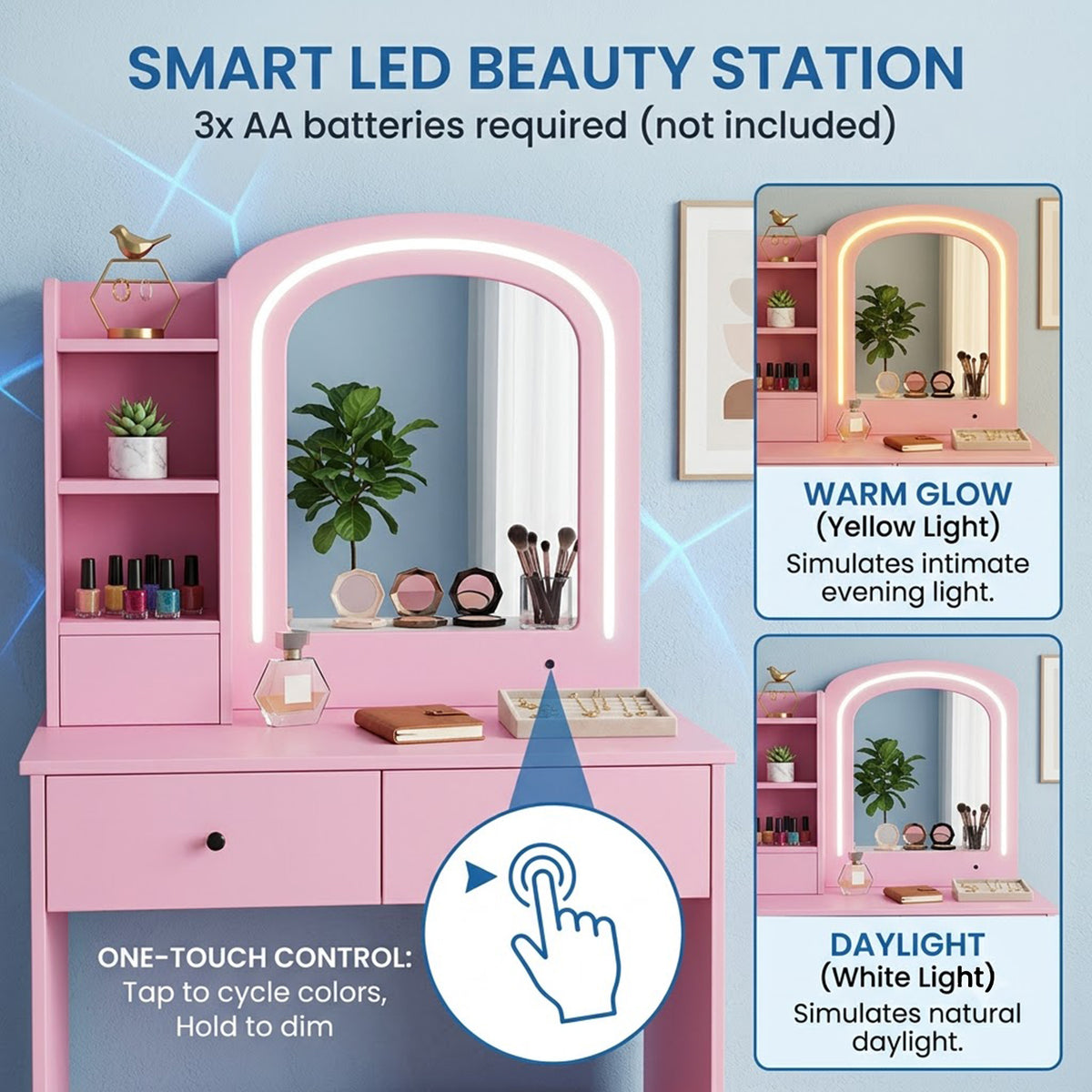 Kids Vanity Table and Chair Set LED Lighted Mirror Storage Drawers