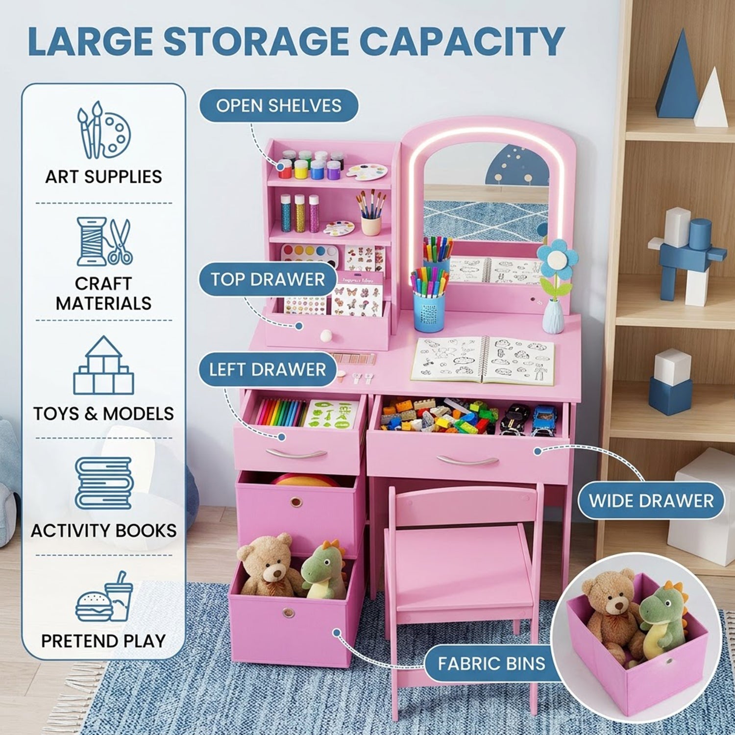 Kids Vanity Table and Chair Set LED Lighted Mirror Storage Drawers