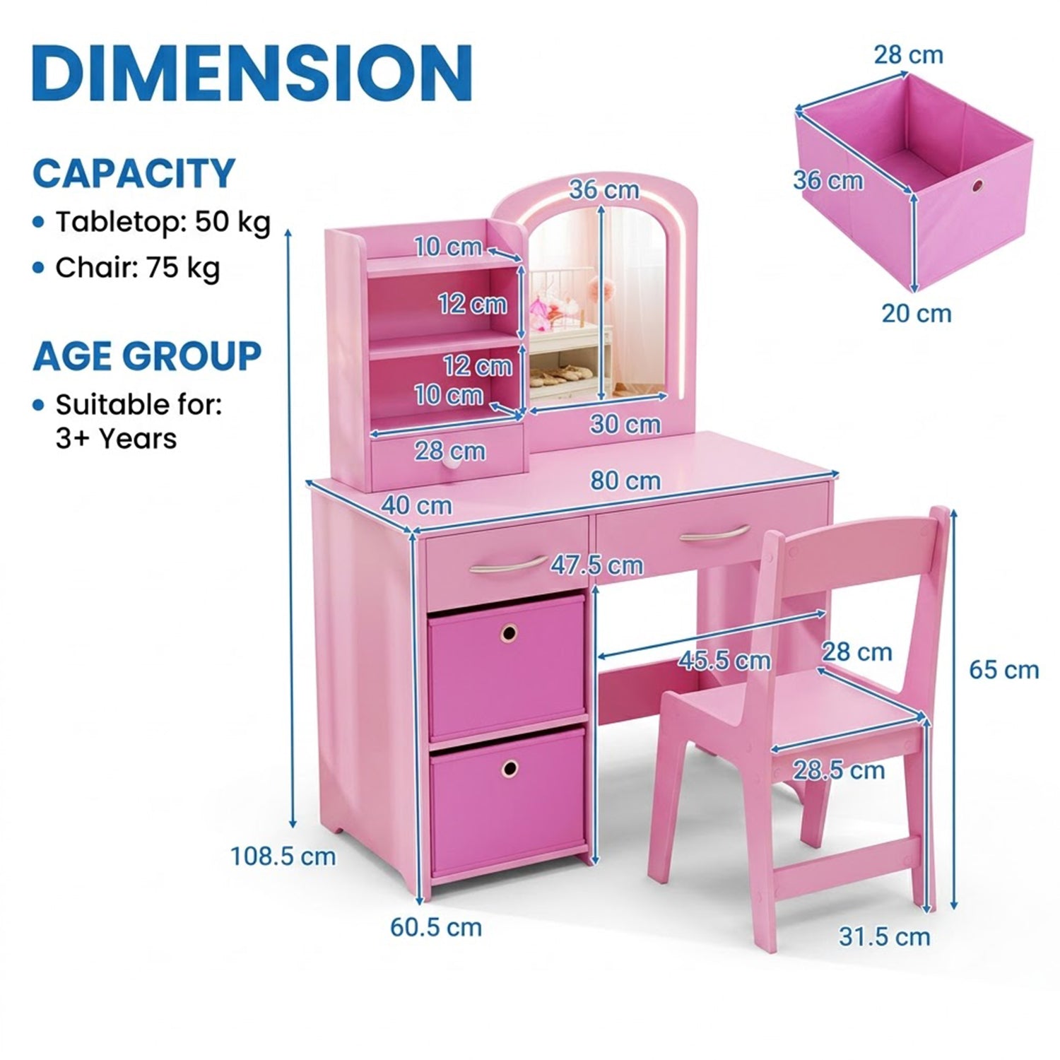 Kids Vanity Table and Chair Set LED Lighted Mirror Storage Drawers