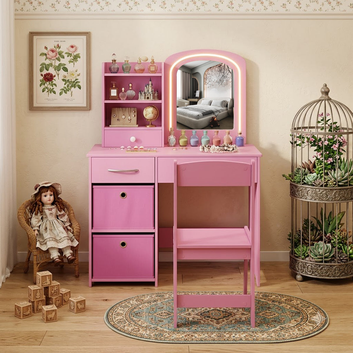 Kids Vanity Table and Chair Set LED Lighted Mirror Storage Drawers