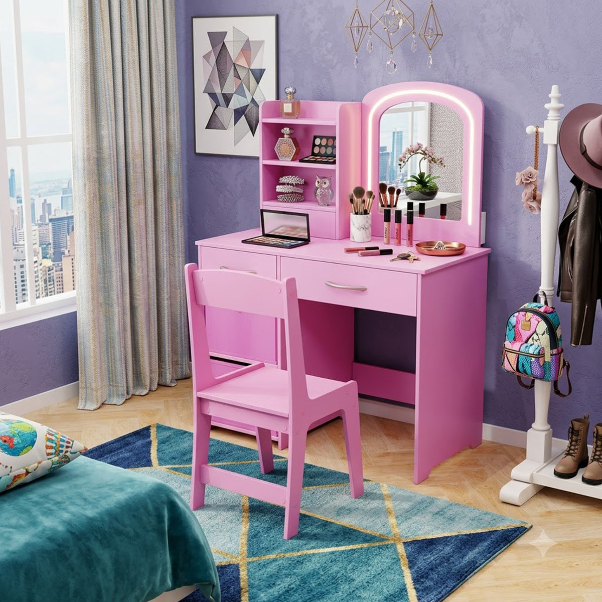 Kids Vanity Table and Chair Set LED Lighted Mirror Storage Drawers