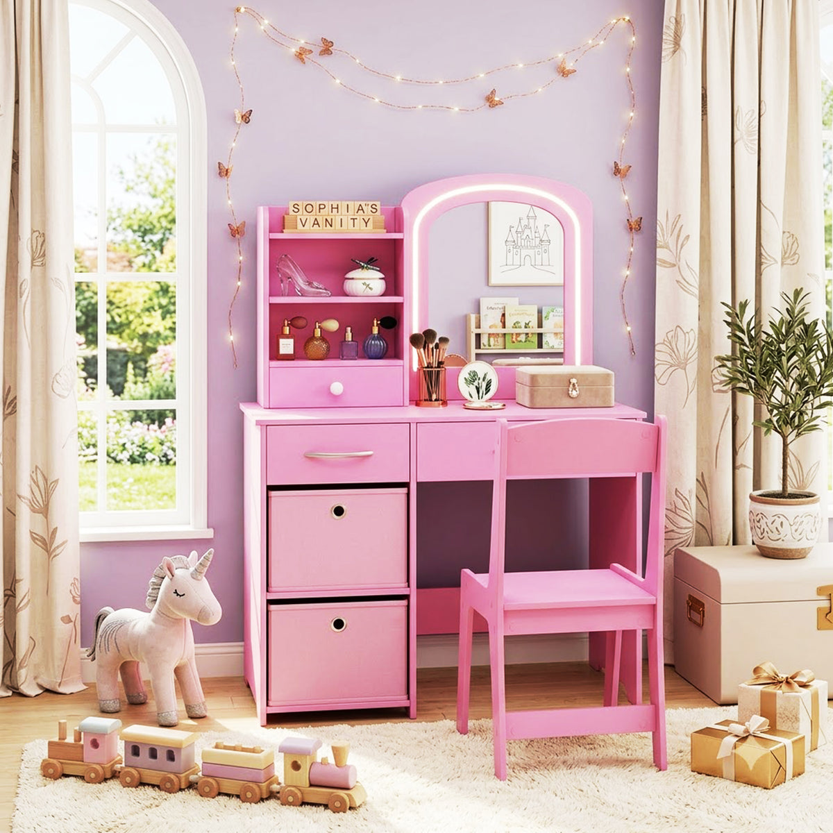 Kids Vanity Table and Chair Set LED Lighted Mirror Storage Drawers