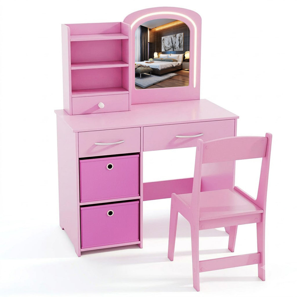 Kids Vanity Table and Chair Set LED Lighted Mirror Storage Drawers