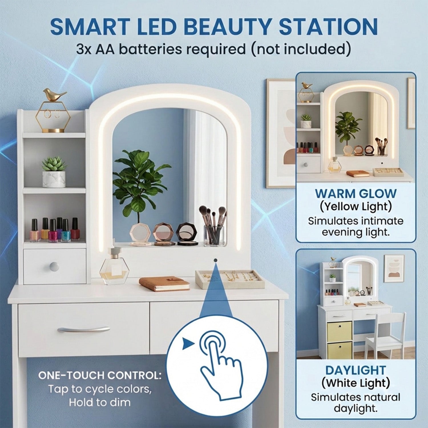 Kids Vanity Table and Chair Set LED Lighted Mirror Storage Drawers