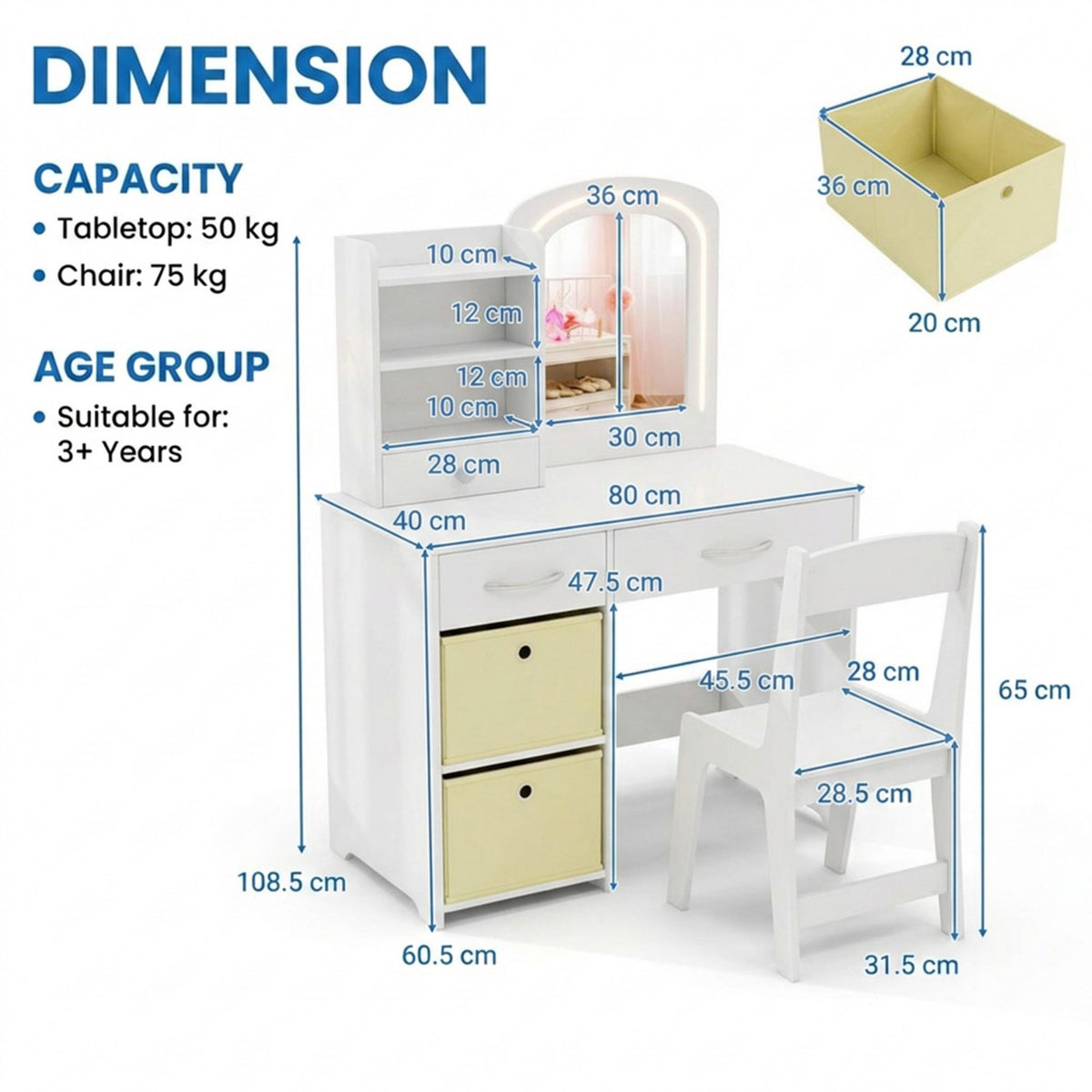 Kids Vanity Table and Chair Set LED Lighted Mirror Storage Drawers