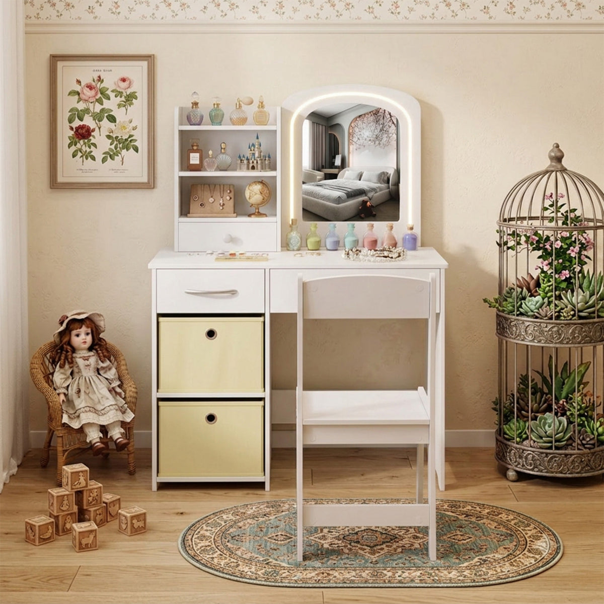 Kids Vanity Table and Chair Set LED Lighted Mirror Storage Drawers