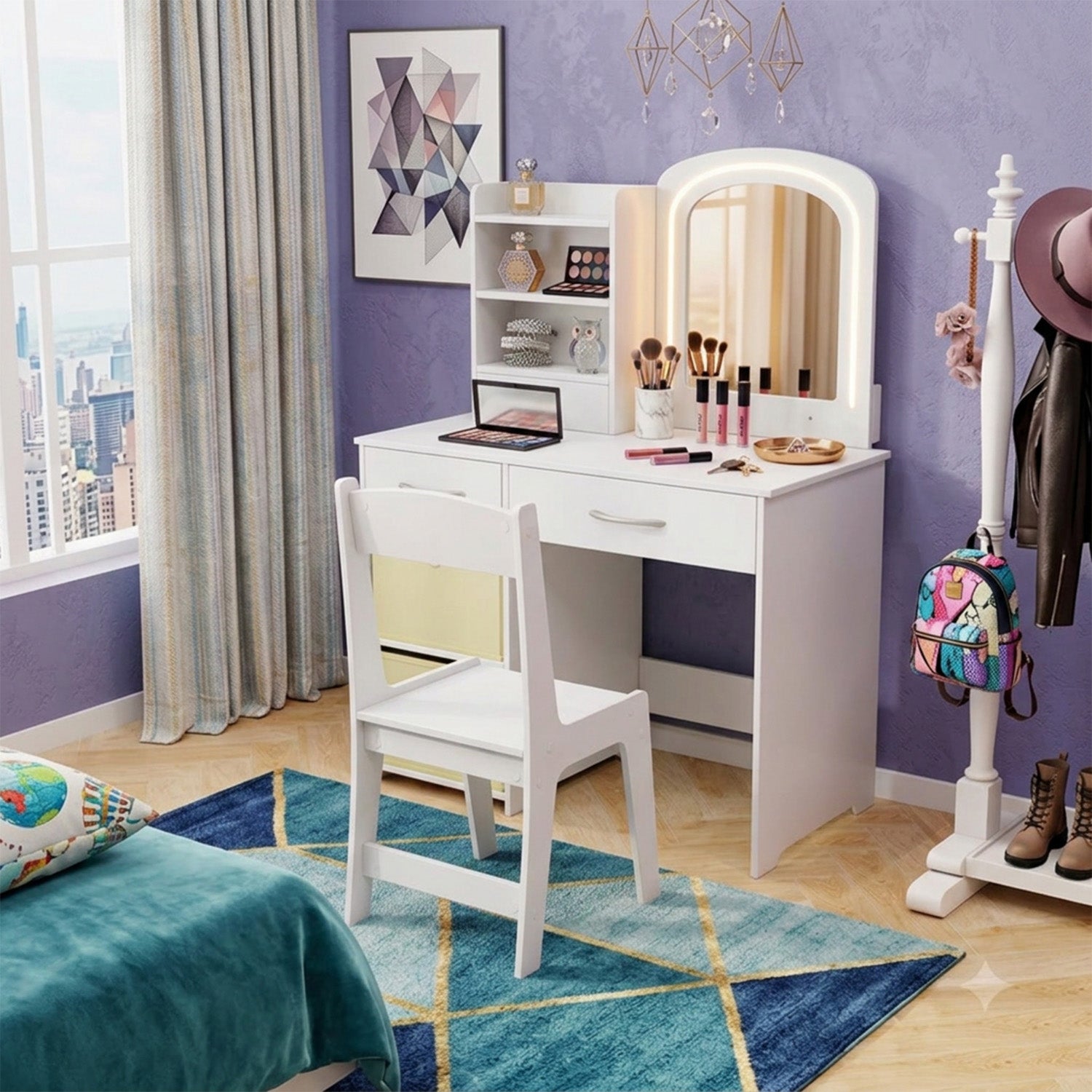 Kids Vanity Table and Chair Set LED Lighted Mirror Storage Drawers