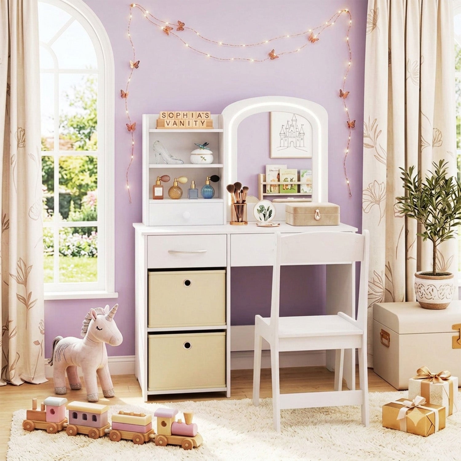 Kids Vanity Table and Chair Set LED Lighted Mirror Storage Drawers