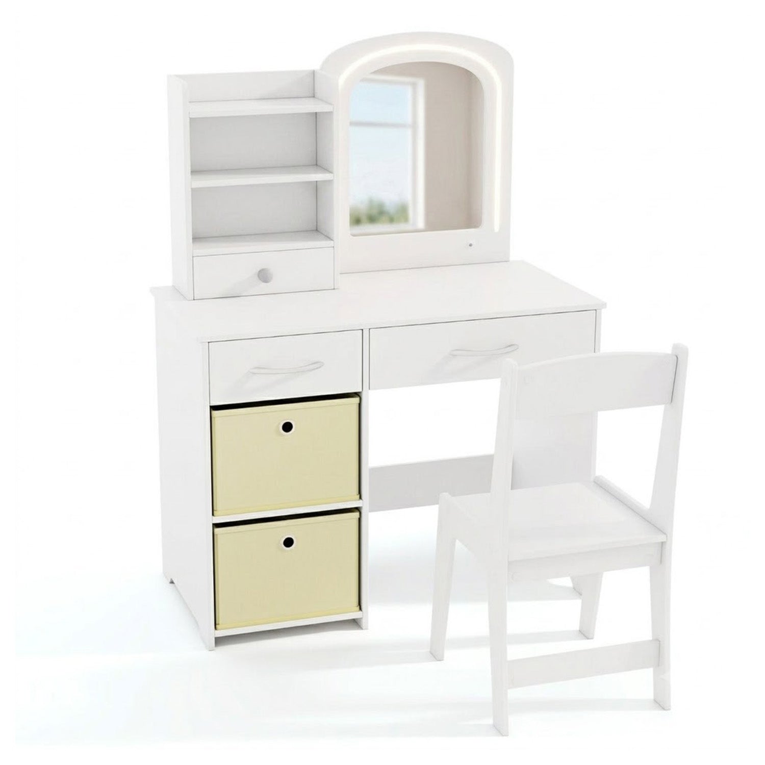 Kids Vanity Table and Chair Set LED Lighted Mirror Storage Drawers